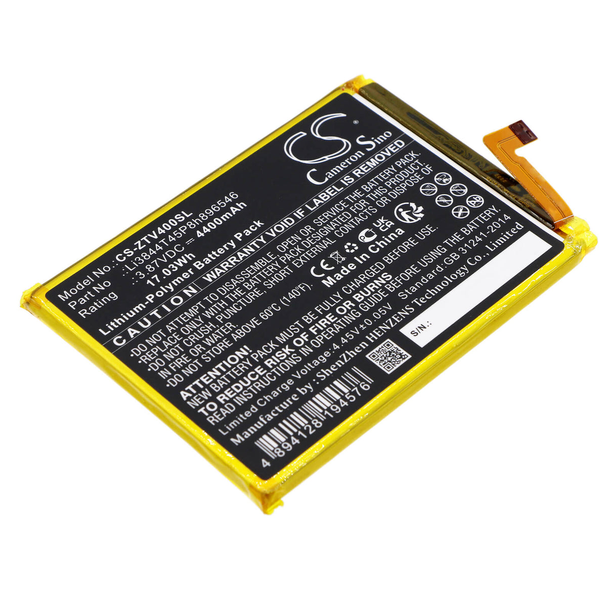 3,87V, Li-Polymère, 4400mAh, Batterie de smartphone adaptée à Zte, Li3844t45p8h896546, Axon 40 Se, Blade V40s, 17,03Wh Mobile, Smartphone Cameron Sino Technology Limited (Smartphone)
