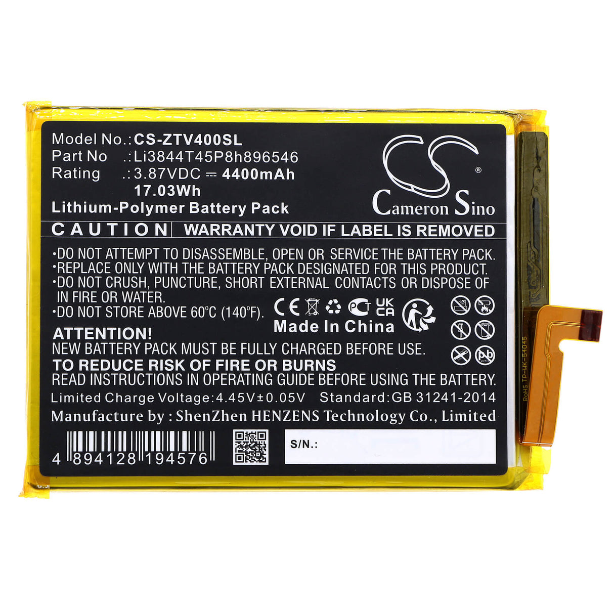 3,87V, Li-Polymère, 4400mAh, Batterie de smartphone adaptée à Zte, Li3844t45p8h896546, Axon 40 Se, Blade V40s, 17,03Wh Mobile, Smartphone Cameron Sino Technology Limited (Smartphone)