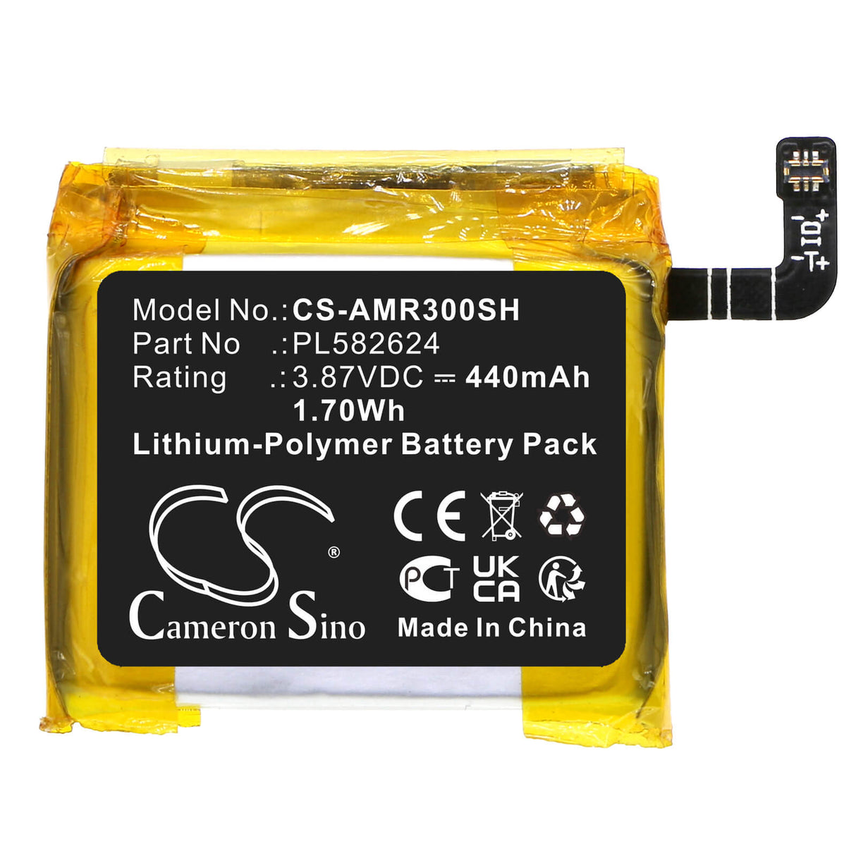 3.87V, Li-Polymer, 440mAh, Smartwatch battery fits Amazfit, Pl582624, A2039, A2040, 1.70Wh Smartwatch Cameron Sino Technology Limited