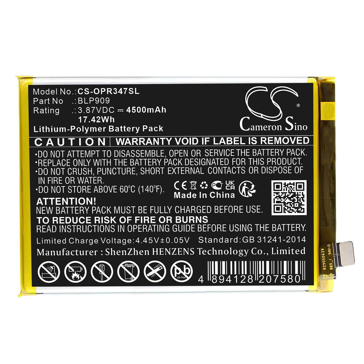 3.87V, Li-Polymer, 4500mAh, SmartPhone battery fits Oppo, Realme, Blp909, 9 5g 2022, Realme 9, 17.42Wh Mobile, SmartPhone Cameron Sino Technology Limited (Smartphone)