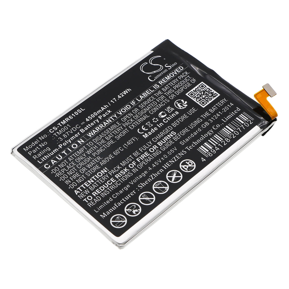 3.87V, Li-Polymer, 4500mAh, SmartPhone battery fits T-mobile, Tm001, Revvl 6 Pro 5g, Revvl V Plus 5g, 17.42Wh Mobile, SmartPhone Cameron Sino Technology Limited (Smartphone)