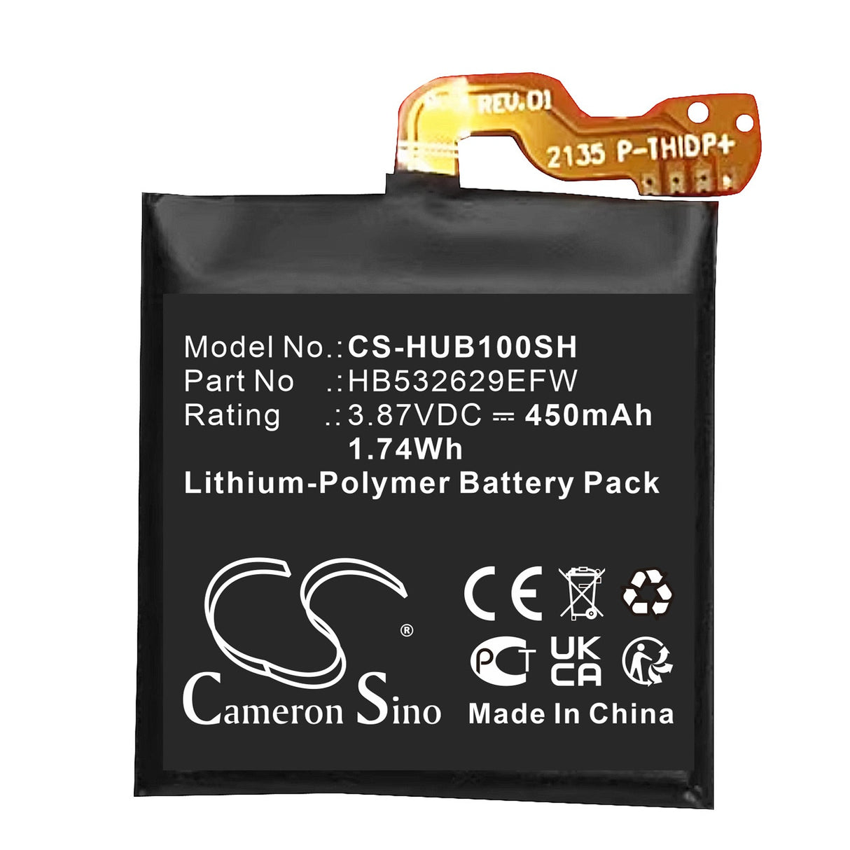 3.87V, Li-Polymer, 450mAh Smartwatch Battery fits Huawei, Myl-b10, Run-b19, 1.74Wh Smartwatch Cameron Sino Technology Limited