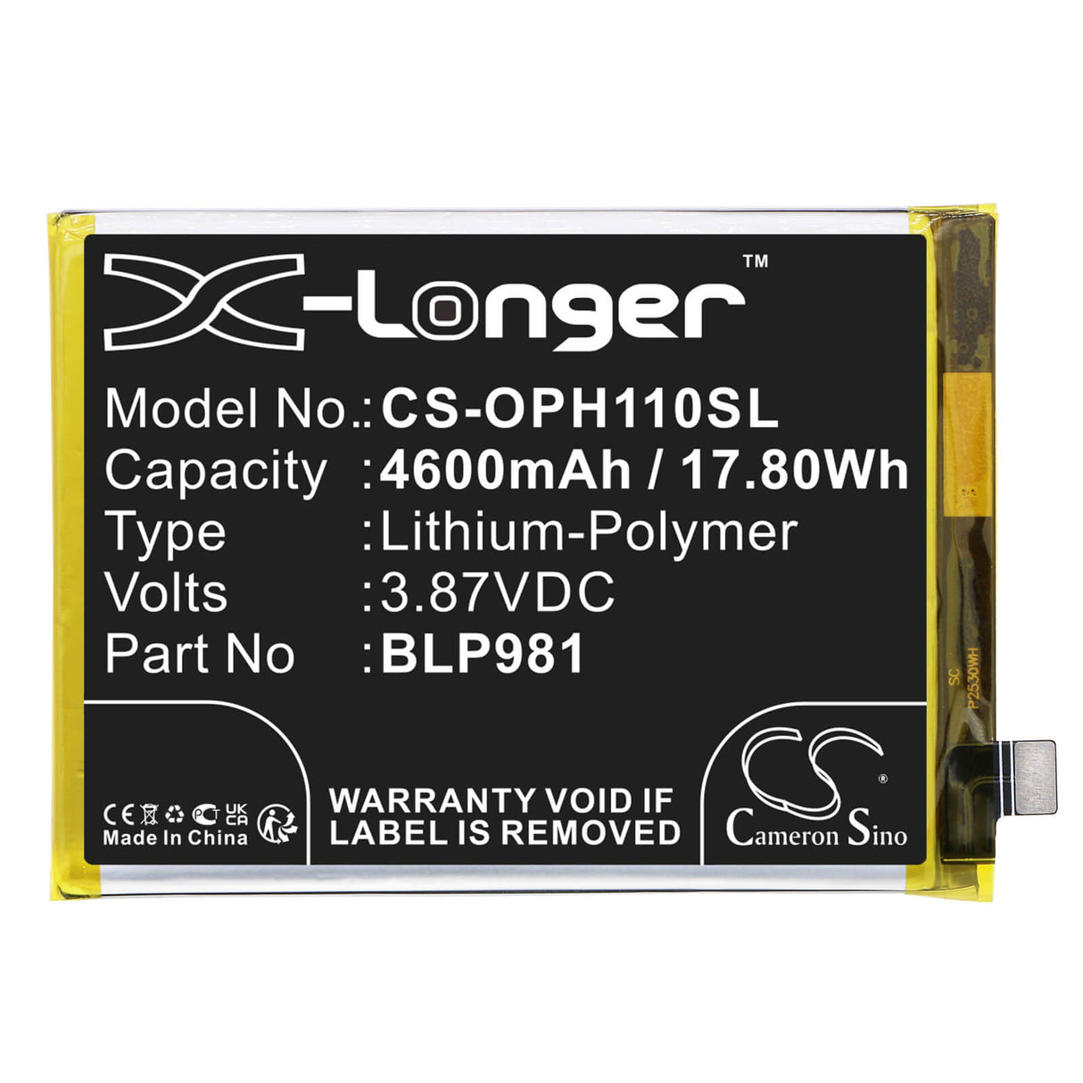 3,87V, Li-Polymer, 4600mAh, batterie de smartphone compatible avec Oppo, Blp981, A1 Pro, Phq110, 17,8Wh Mobile, Smartphone Cameron Sino Technology Limited (Smartphone)