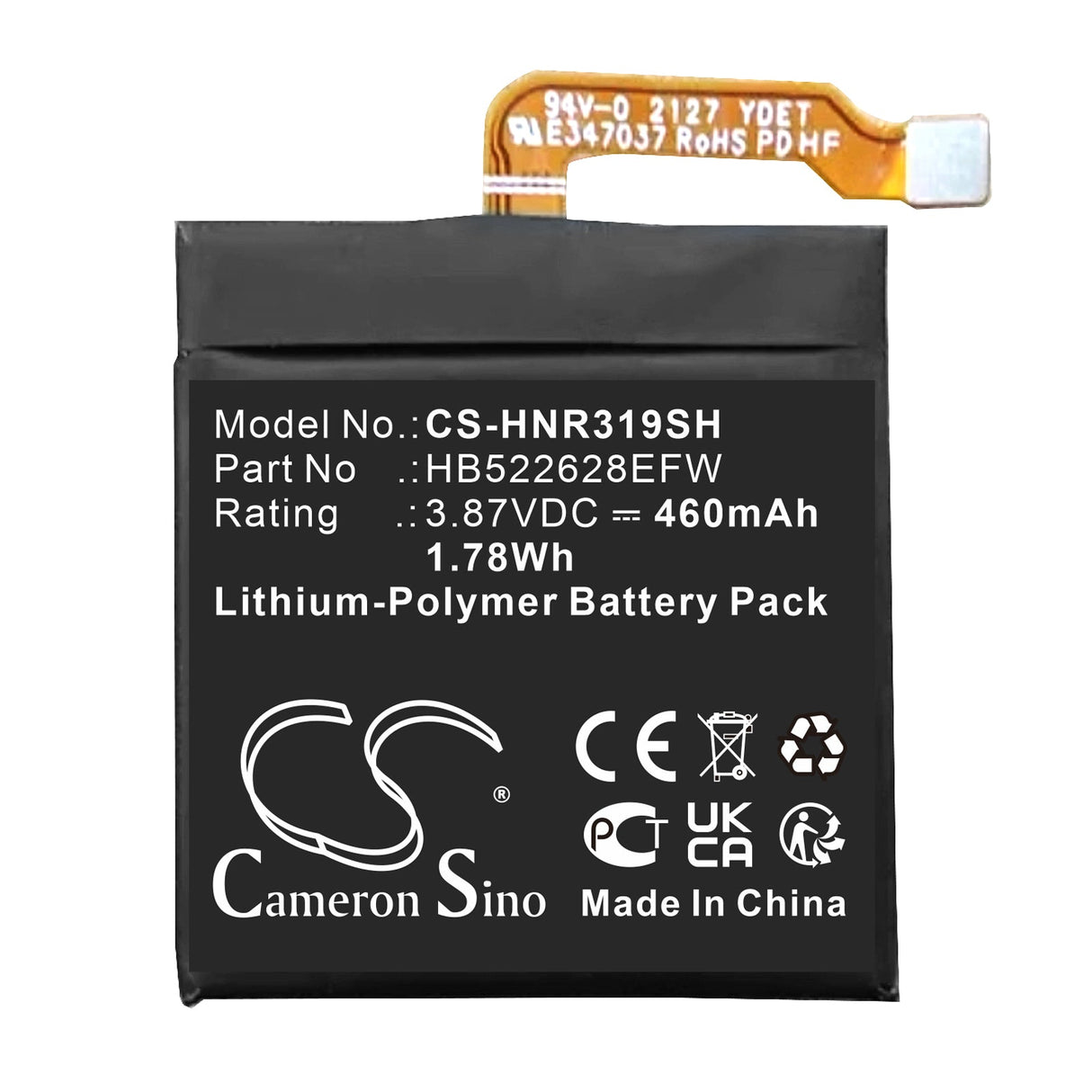 3.87V, Li-Polymer, 460mAh Smartwatch Battery fits Honor, Gs Pro, Gs3, 1.78Wh Smartwatch Cameron Sino Technology Limited