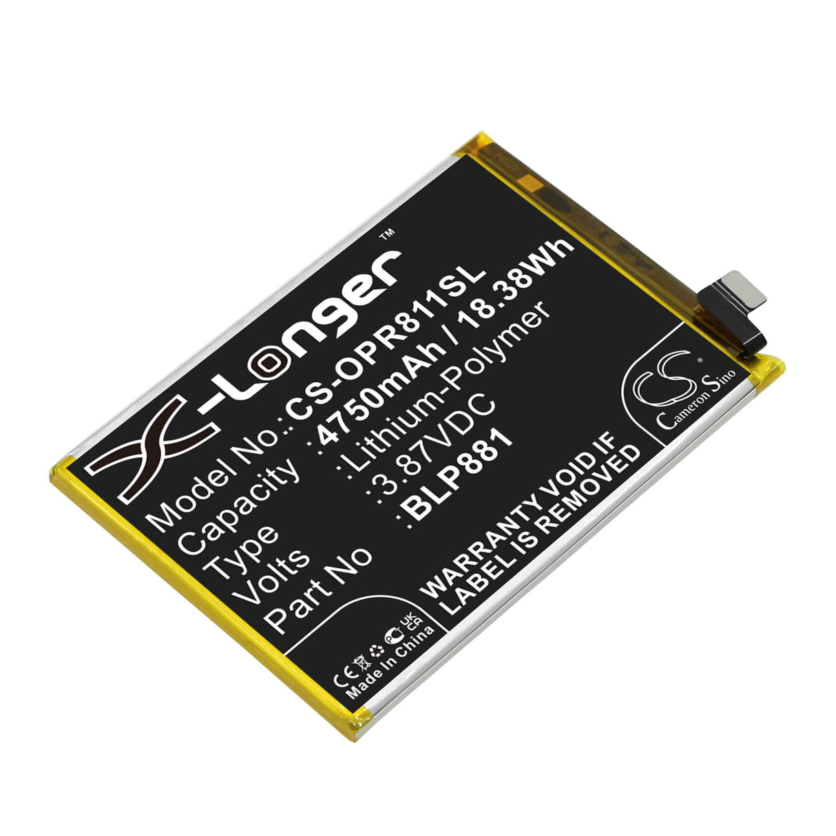3.87V, Li-Polymer, 4750mAh, SmartPhone battery fits Oppo, Blp881, Reno 4se, Reno 5k, 18.38Wh Mobile, SmartPhone Cameron Sino Technology Limited (Smartphone)