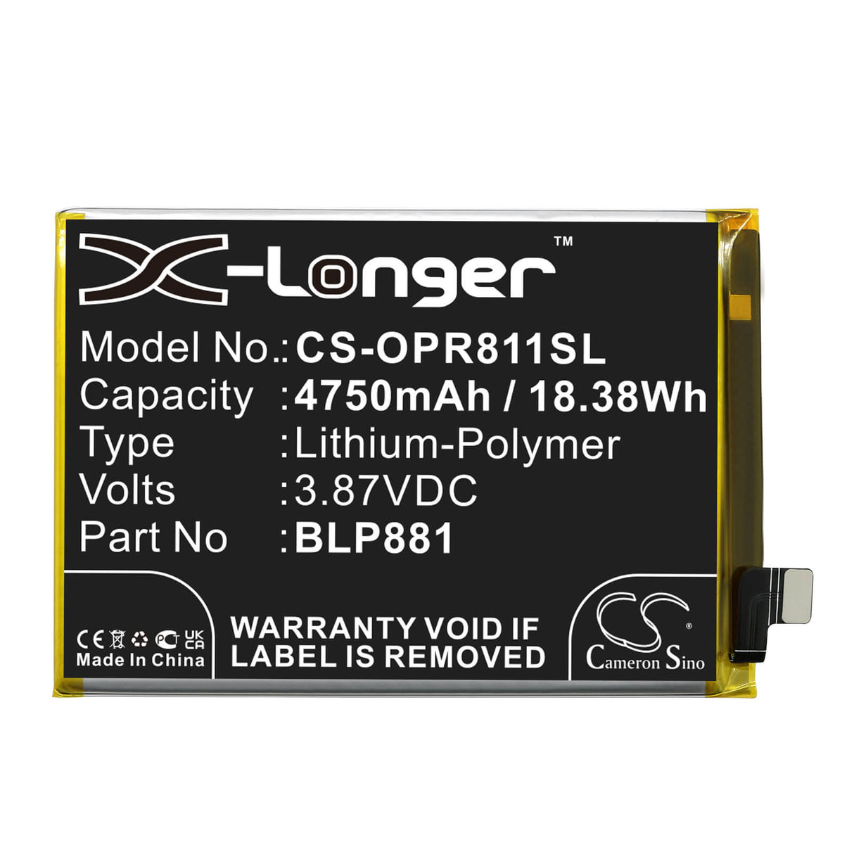 3.87V, Li-Polymer, 4750mAh, SmartPhone battery fits Oppo, Blp881, Reno 4se, Reno 5k, 18.38Wh Mobile, SmartPhone Cameron Sino Technology Limited (Smartphone)