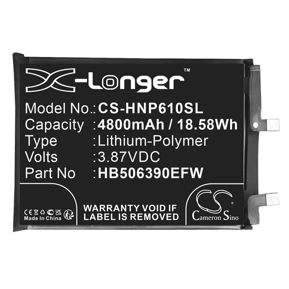 3,87V, Li-Polymère, 4800mAh, batterie pour smartphone compatible avec Honor, Hb506390efw, 60 Pro 5g, Tna-an00, 18,58Wh Mobile, Smartphone Cameron Sino Technology Limited (Smartphone)