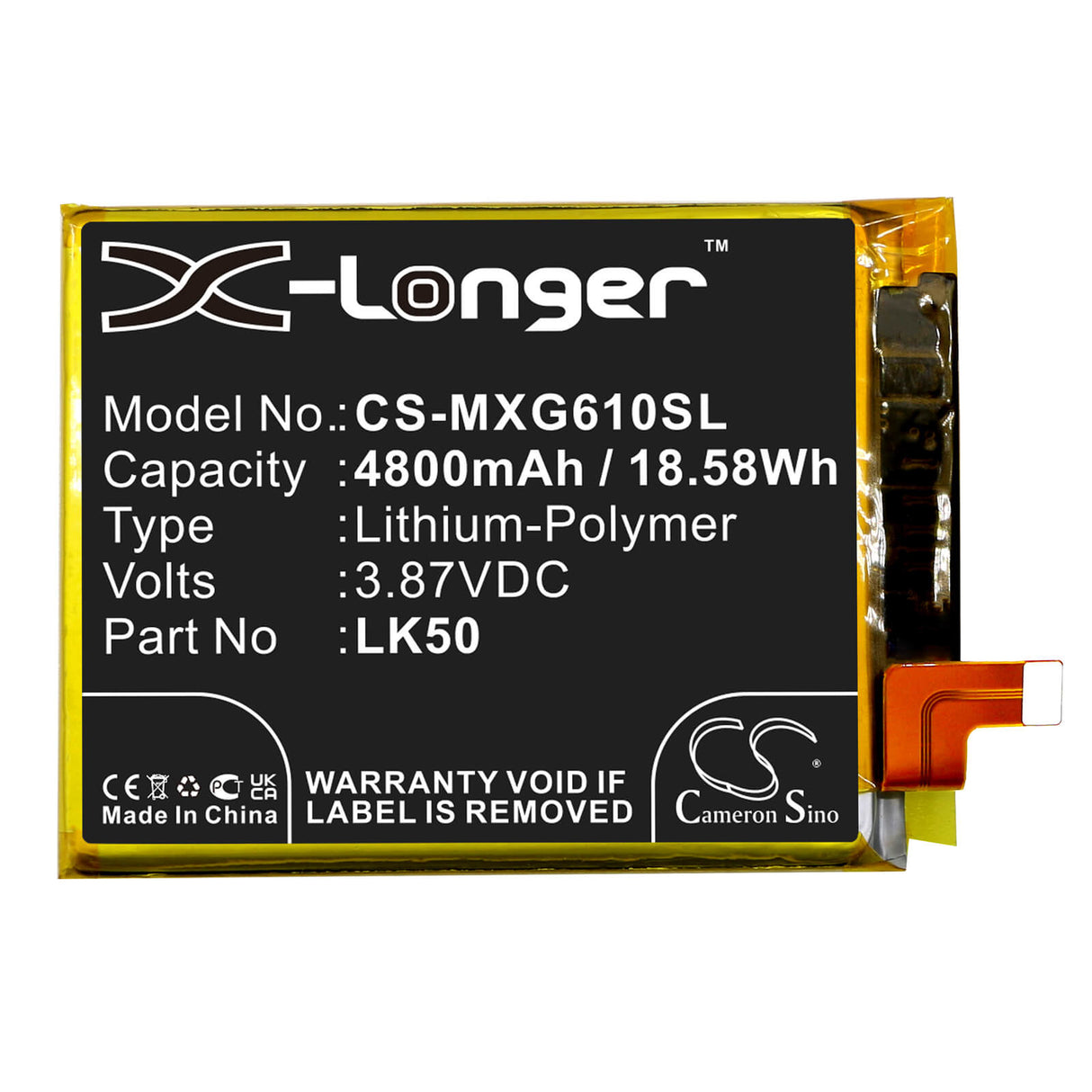 3.87V, Li-Polymer, 4800mAh, SmartPhone battery fits Motorola, Lk50, Moto G60s, Moto G60s 2021, 18.58Wh Mobile, SmartPhone Cameron Sino Technology Limited (Smartphone)