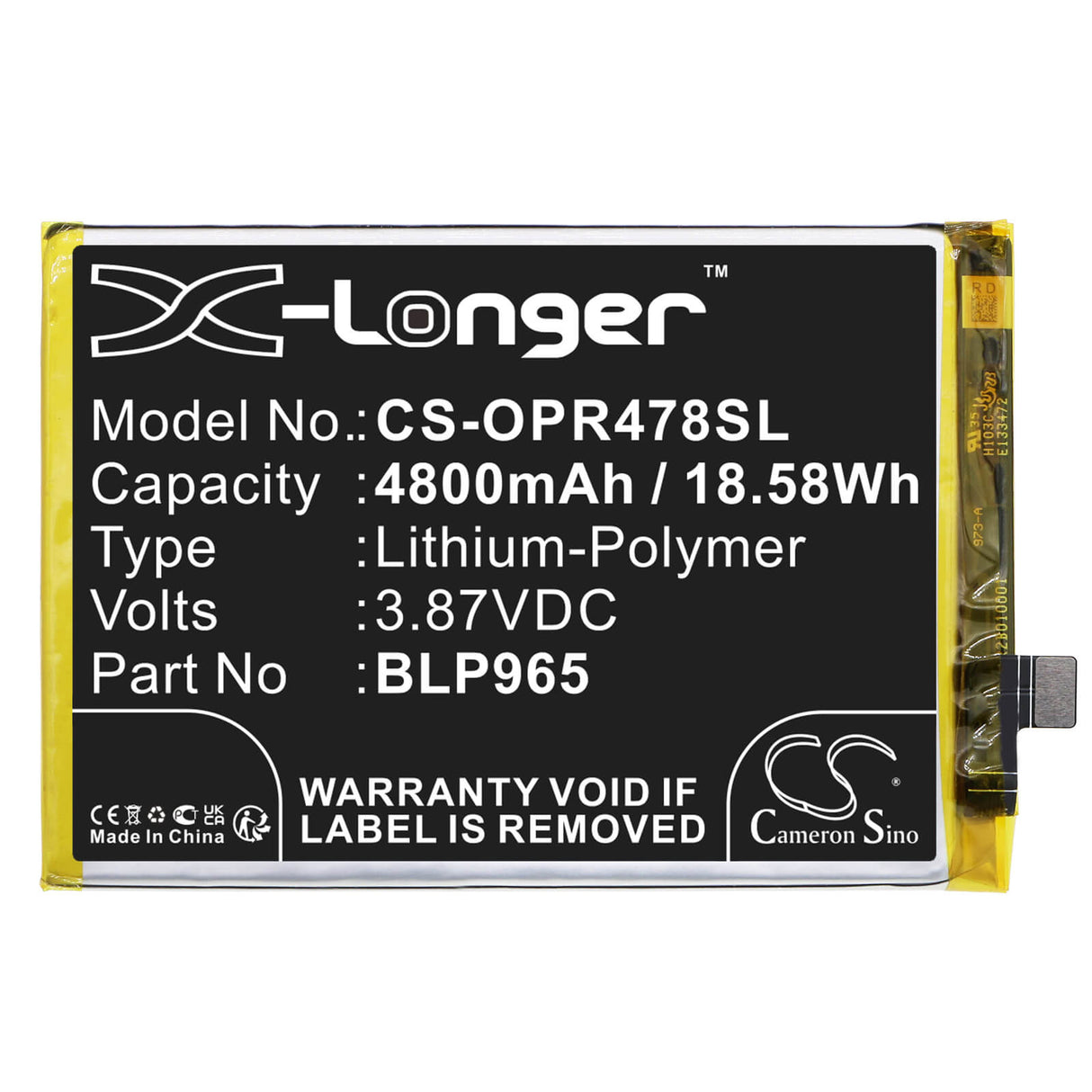 3,87V, Li-Polymer, 4800mAh, batterie de smartphone compatible avec Oppo, Realme, Blp965, K10x 5g, Pggm10, 18,58Wh Mobile, Smartphone Cameron Sino Technology Limited (Smartphone)
