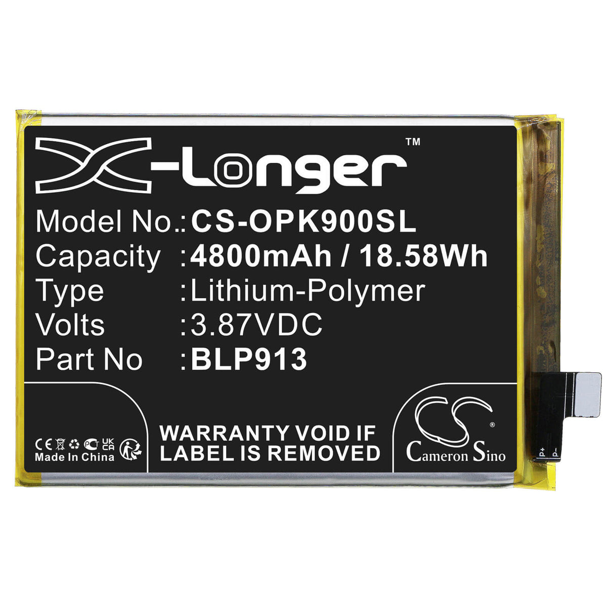 3.87V, Li-Polymer, 4800mAh, SmartPhone battery fits Oppo, Blp913, K9x, K9x 5g 2021, 18.58Wh Mobile, SmartPhone Cameron Sino Technology Limited (Smartphone)