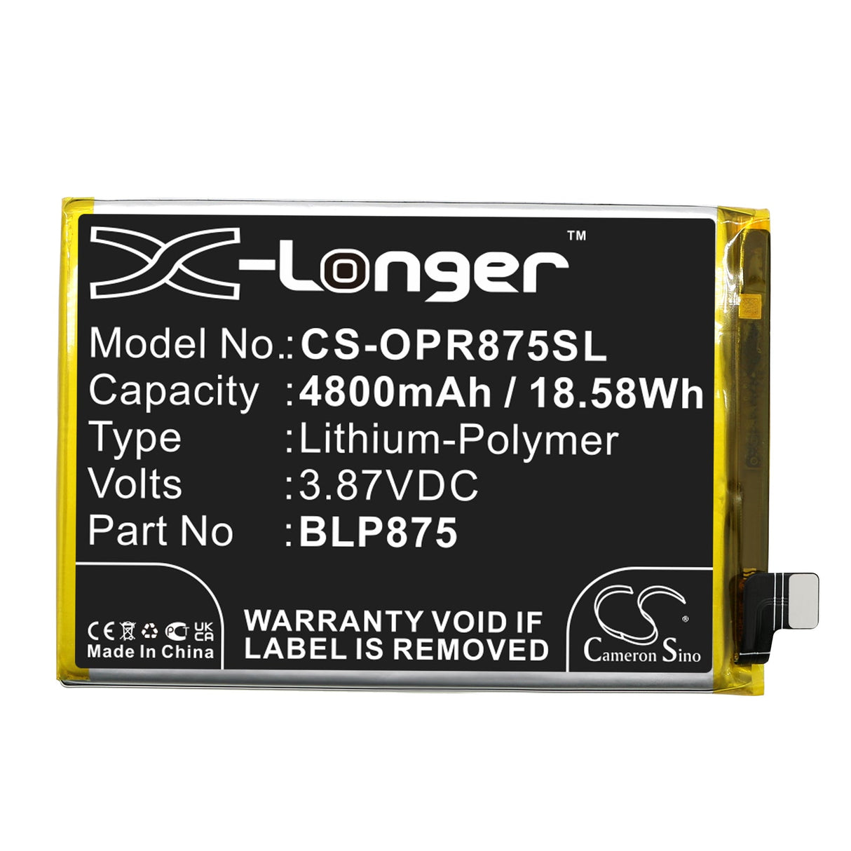 3.87V, Li-Polymer, 4800mAh, SmartPhone battery fits Oppo, Blp875, Realme Narzo 50, Realme Q3s, 18.58Wh Mobile, SmartPhone Cameron Sino Technology Limited (Smartphone)