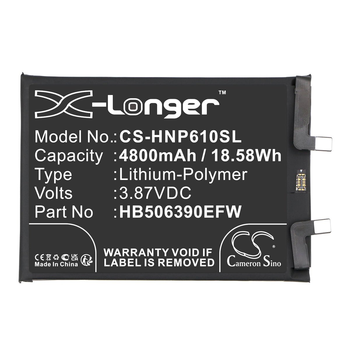 3,87V, Li-Polymère, 4800mAh, batterie pour smartphone compatible avec Honor, Hb506390efw, 60 Pro 5g, Tna-an00, 18,58Wh Mobile, Smartphone Cameron Sino Technology Limited (Smartphone)