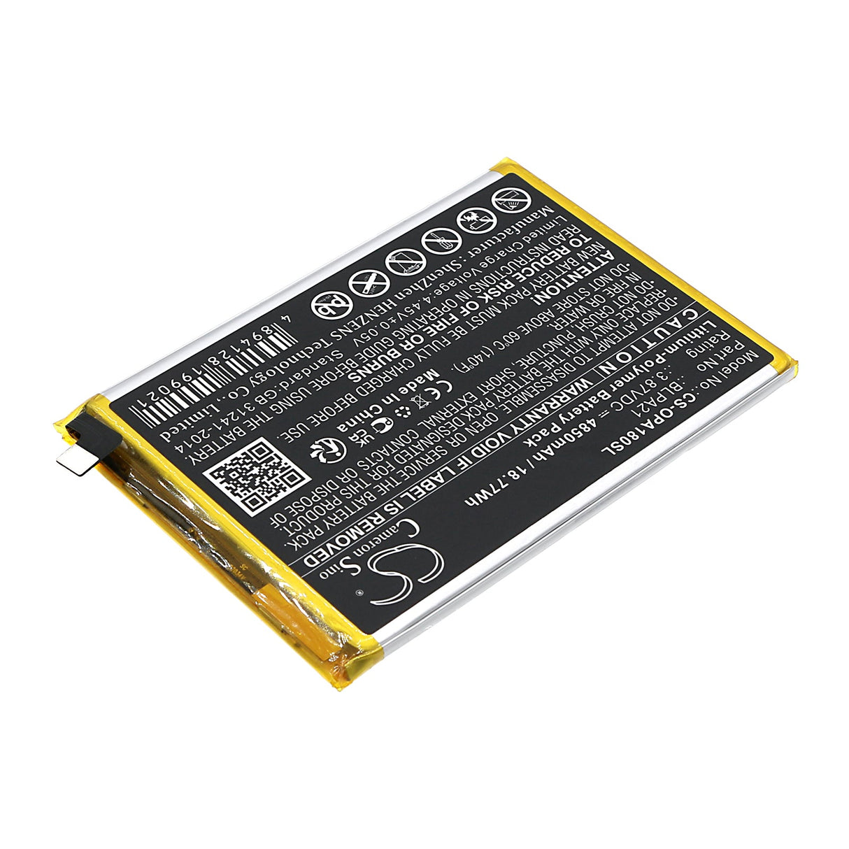 3.87V, Li-Polymer, 4850mAh, SmartPhone battery fits Oppo, Blpa21, A18, Cph2591, 18.77Wh Mobile, SmartPhone Cameron Sino Technology Limited (Smartphone)