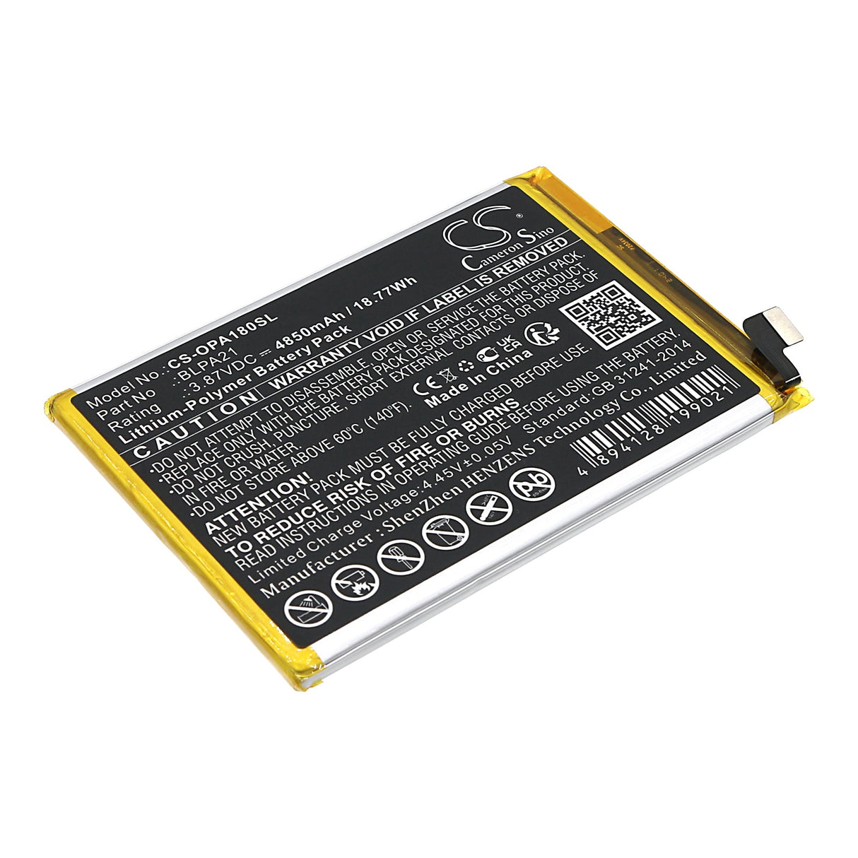 3.87V, Li-Polymer, 4850mAh, SmartPhone battery fits Oppo, Blpa21, A18, Cph2591, 18.77Wh Mobile, SmartPhone Cameron Sino Technology Limited (Smartphone)