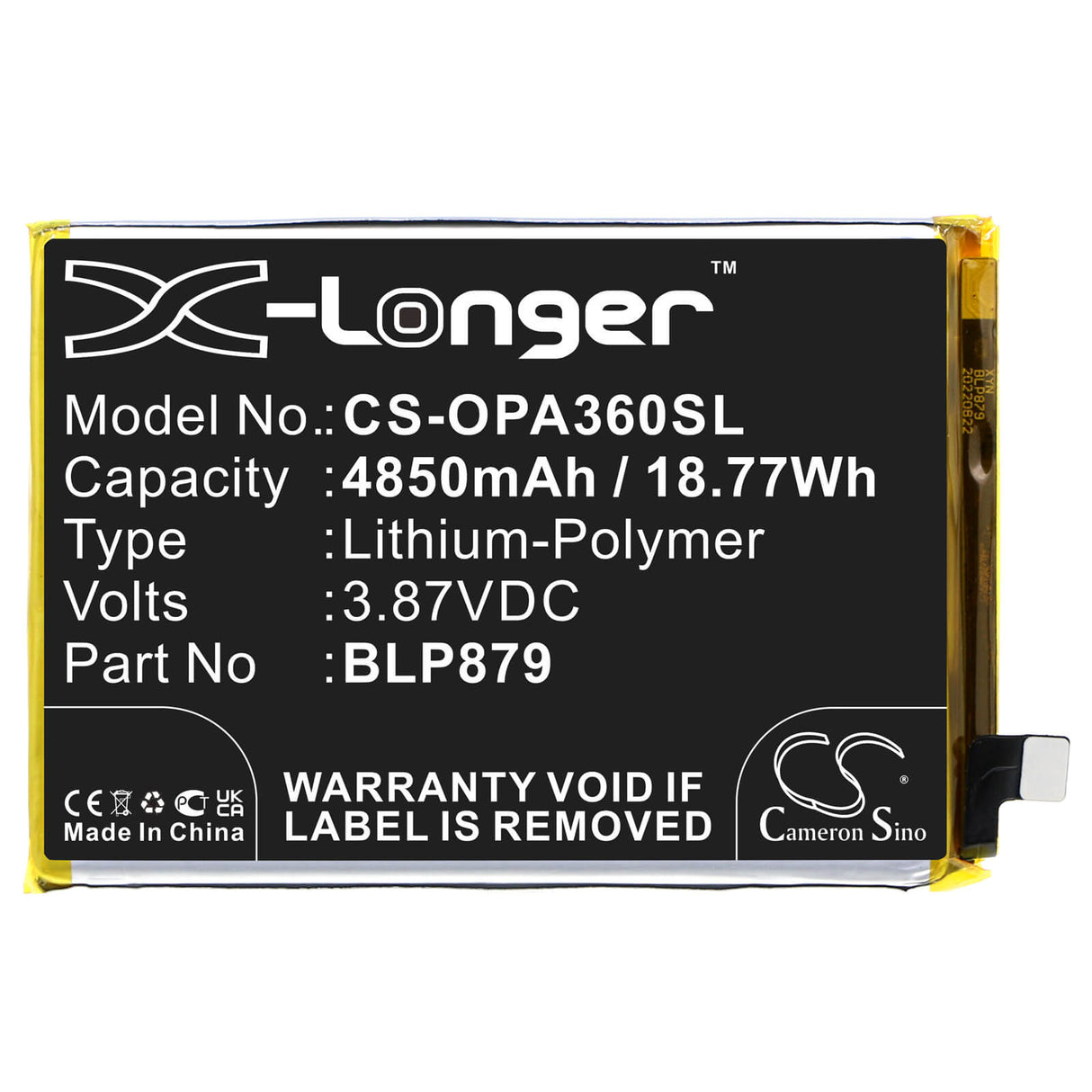 3.87V, Li-Polymer, 4850mAh, SmartPhone battery fits Oppo, Blp879, A36, A36 2022, 18.77Wh Mobile, SmartPhone Cameron Sino Technology Limited (Smartphone)