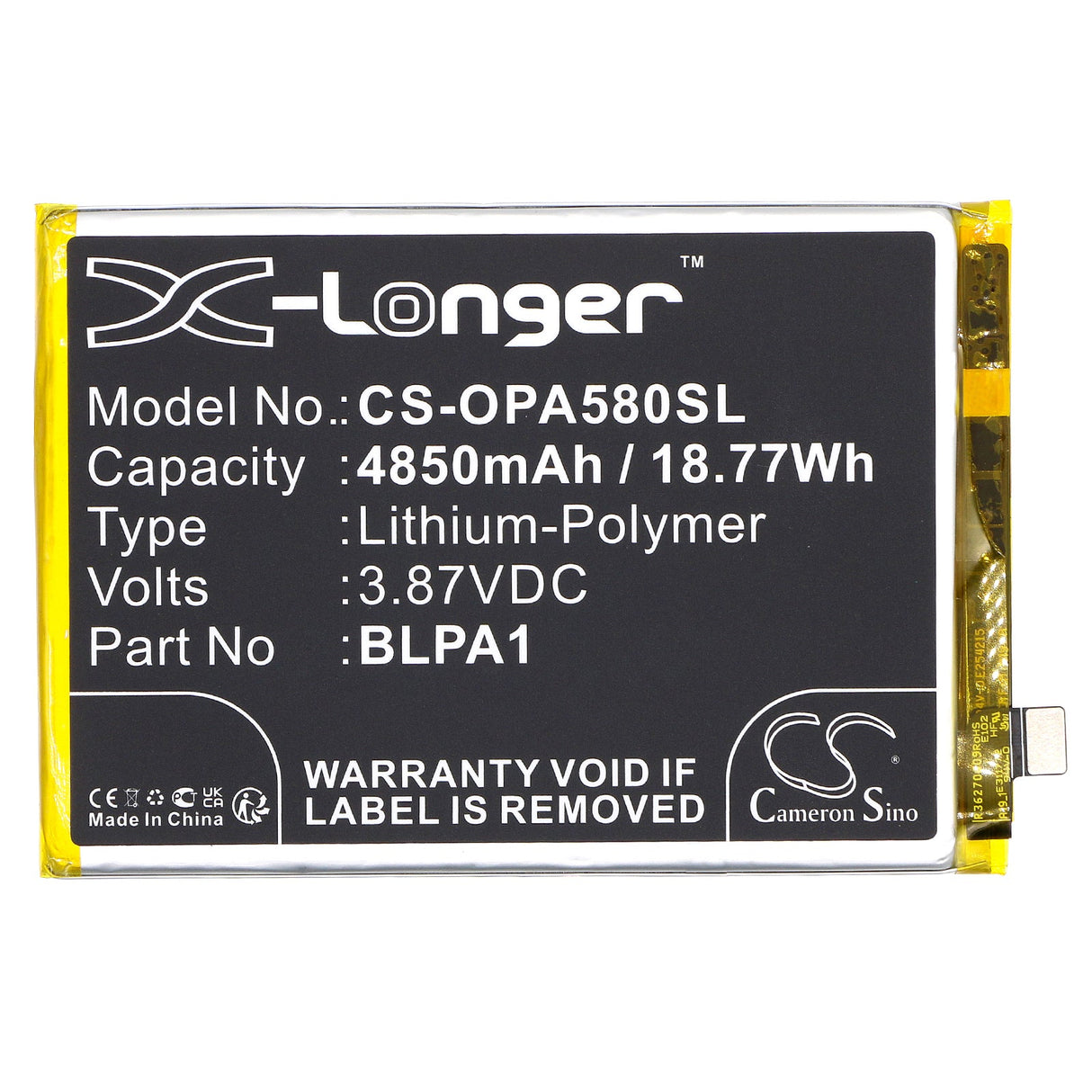 3.87V, Li-Polymer, 4850mAh, SmartPhone battery fits Oppo, Blpa1, A38, A58, 18.77Wh Mobile, SmartPhone Cameron Sino Technology Limited (Smartphone)