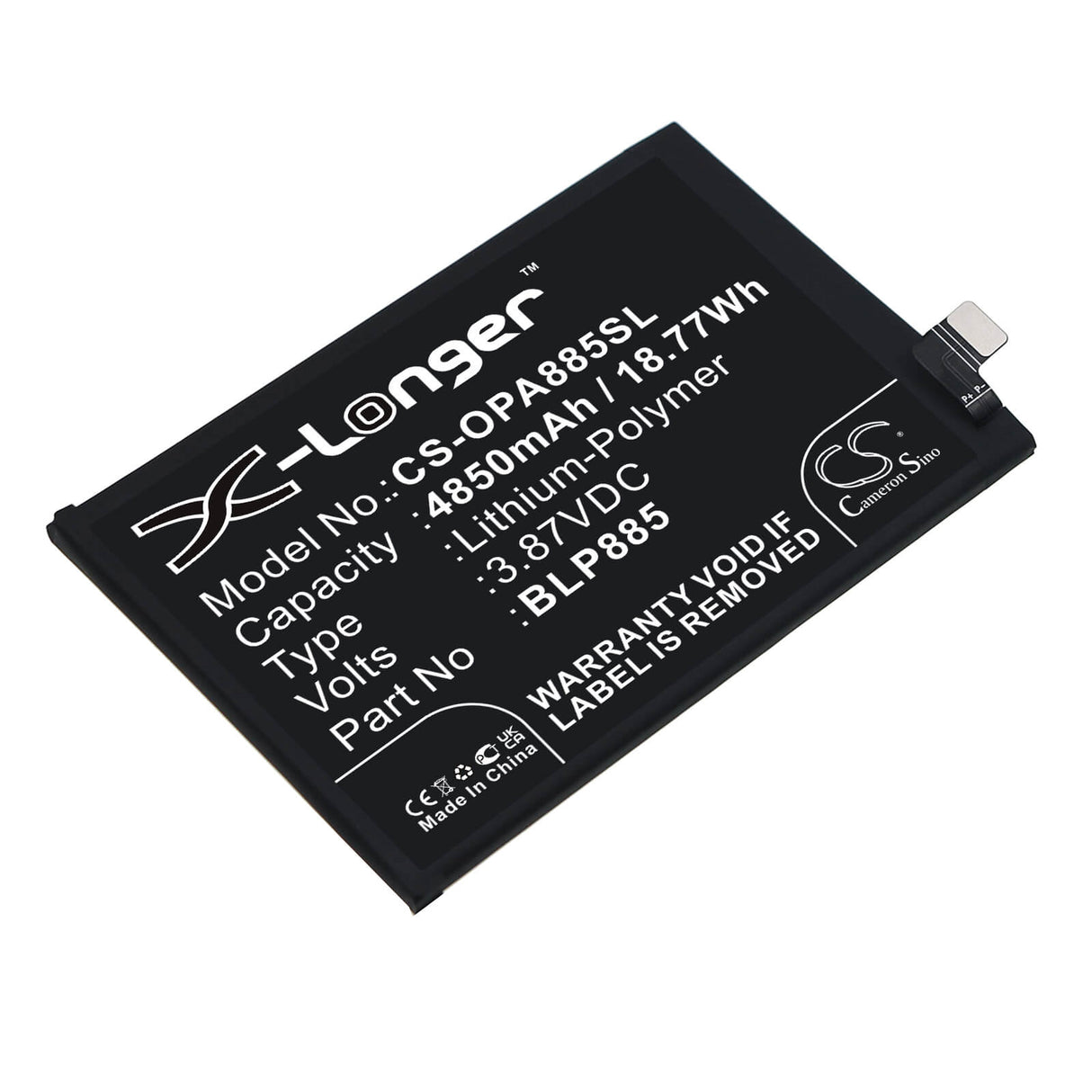 3.87V, Li-Polymer, 4850mAh, SmartPhone battery fits Oppo, Blp885, A96, Cph2333, 18.77Wh Mobile, SmartPhone Cameron Sino Technology Limited (Smartphone)