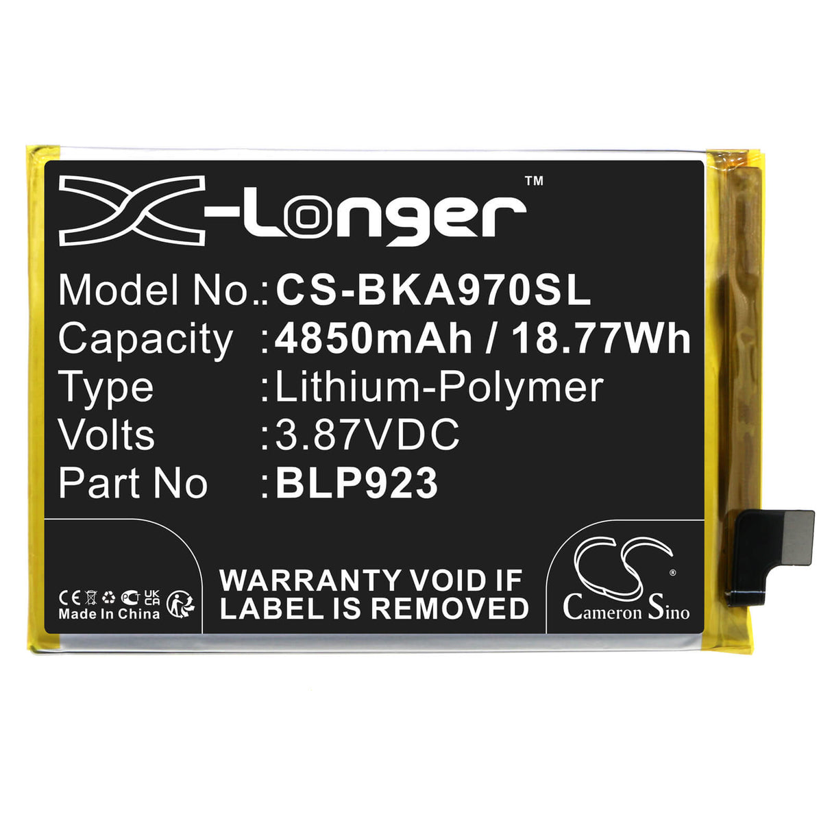 3.87V, Li-Polymer, 4850mAh, SmartPhone battery fits Vivo, Blp923, A97 5g, Pftm10, 18.77Wh Mobile, SmartPhone Cameron Sino Technology Limited (Smartphone)