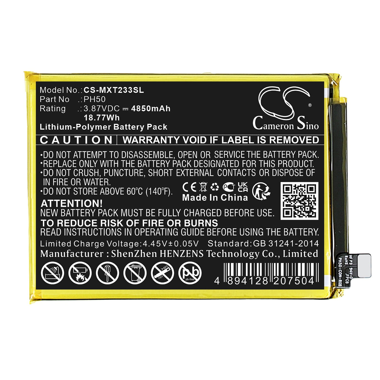 3.87V, Li-Polymer, 4850mAh, SmartPhone battery fits Motorola, Ph50, Moto G23, Xt2333, 18.77Wh Mobile, SmartPhone Cameron Sino Technology Limited (Smartphone)