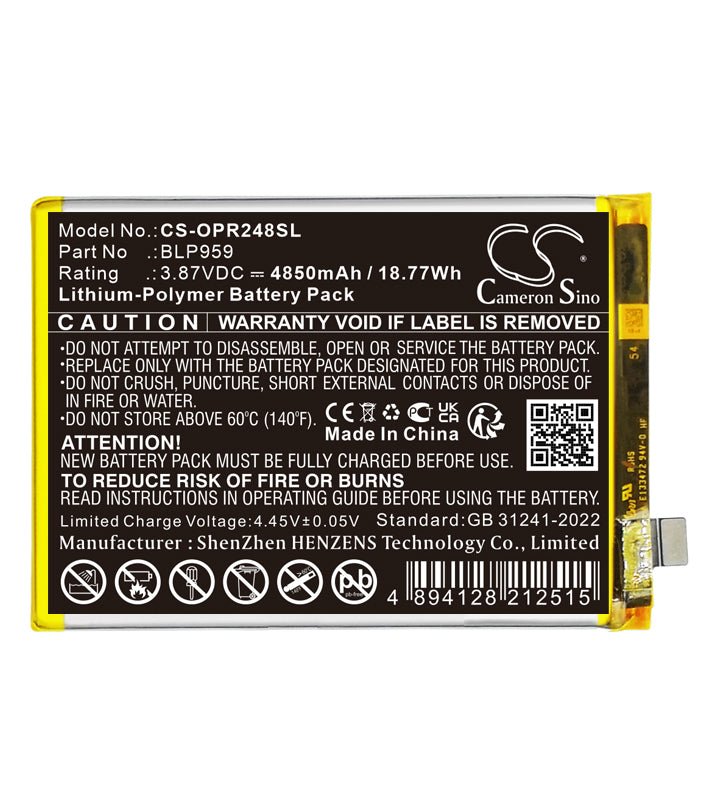 3,87V, Li-Polymer, 4850mAh, Mobile, batterie de smartphone convient à Oppo, Cph2481, Reno8 T, 18,77Wh Mobile, Cameron Sino Technology Limited (Smartphone)