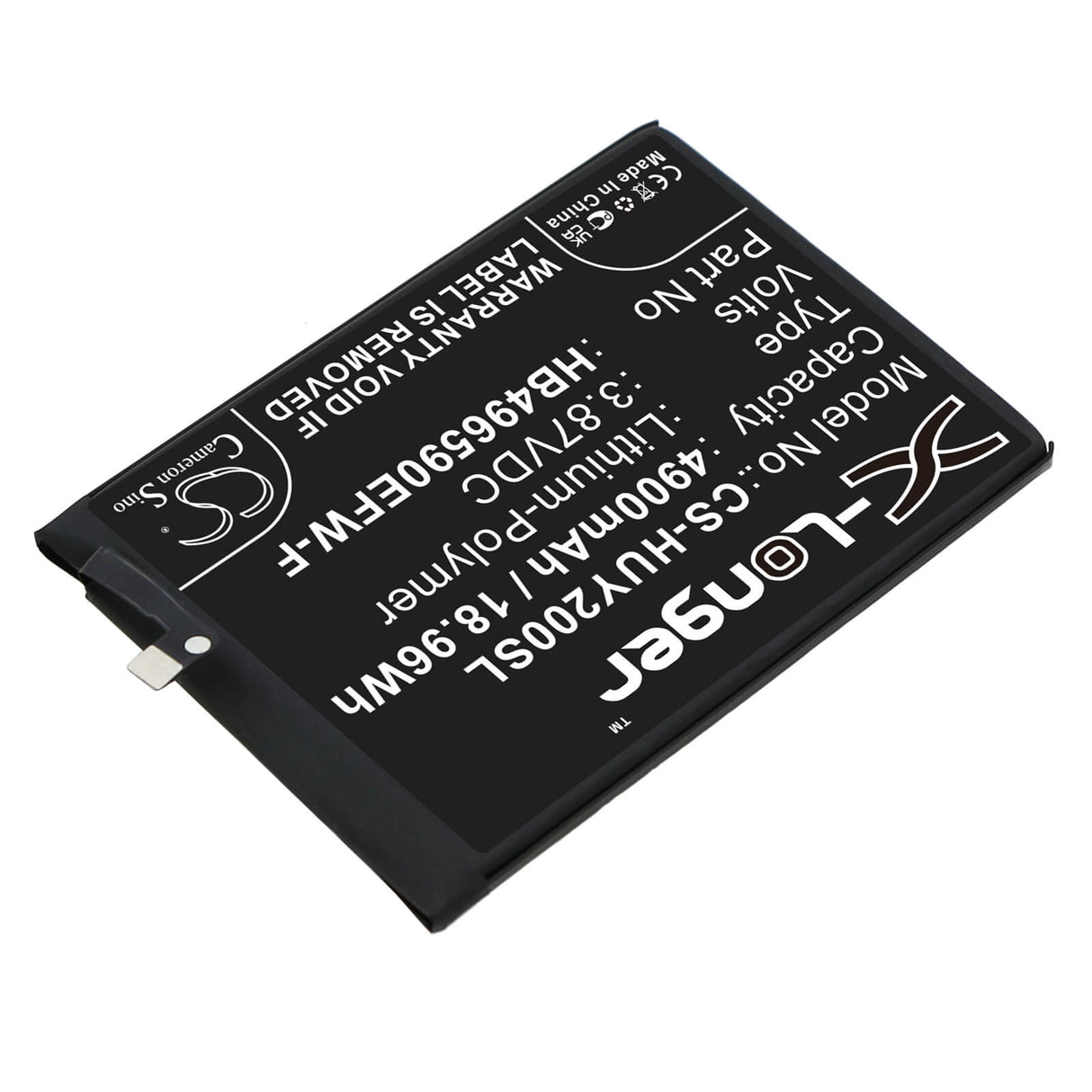 3.87V, Li-Polymer, 4900mAh, SmartPhone battery fits Honor, Huawei, Hb496590efw-f, Koz-al00, Play 20, 18.96Wh Mobile, SmartPhone Cameron Sino Technology Limited (Smartphone)