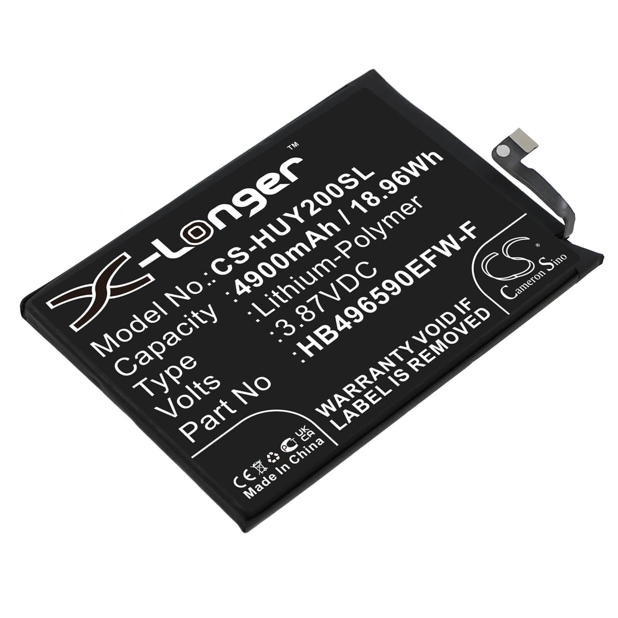 3.87V, Li-Polymer, 4900mAh, SmartPhone battery fits Honor, Huawei, Hb496590efw-f, Koz-al00, Play 20, 18.96Wh Mobile, SmartPhone Cameron Sino Technology Limited (Smartphone)