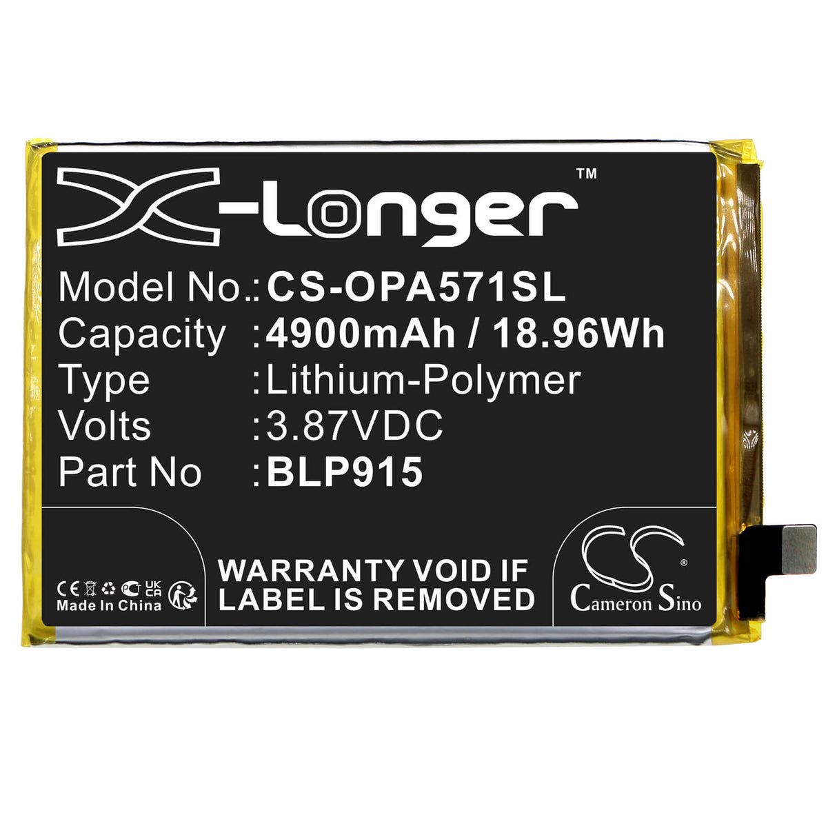 3.87V, Li-Polymer, 4900mAh, SmartPhone battery fits Oppo, Blp915, A57 5g, A57 5g 2022, 18.96Wh Mobile, SmartPhone Cameron Sino Technology Limited (Smartphone)