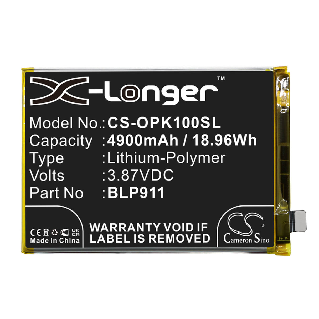 3.87V, Li-Polymer, 4900mAh, SmartPhone battery fits Oppo, Blp911, Cph2373, K10, 18.96Wh Mobile, SmartPhone Cameron Sino Technology Limited (Smartphone)