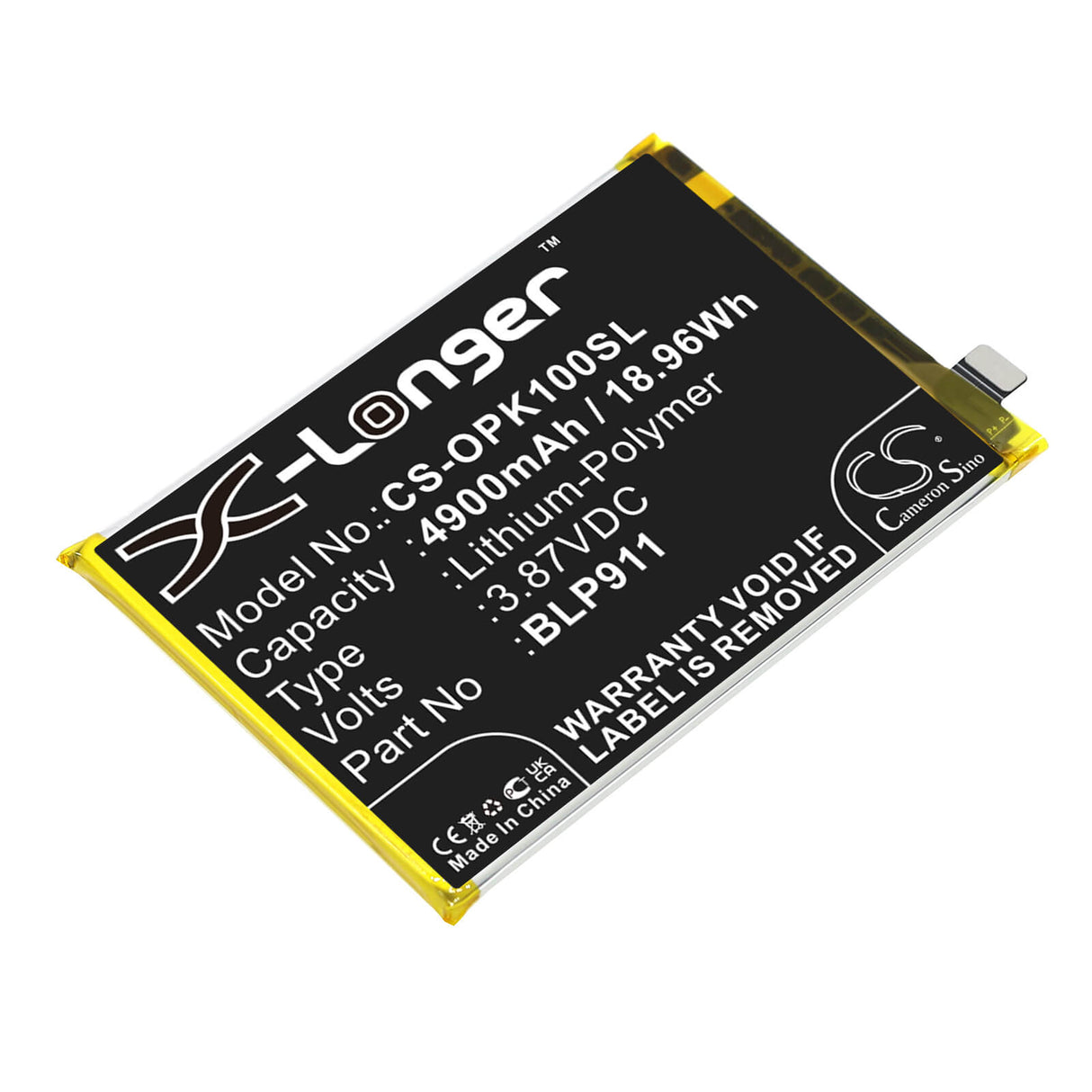 3.87V, Li-Polymer, 4900mAh, SmartPhone battery fits Oppo, Blp911, Cph2373, K10, 18.96Wh Mobile, SmartPhone Cameron Sino Technology Limited (Smartphone)