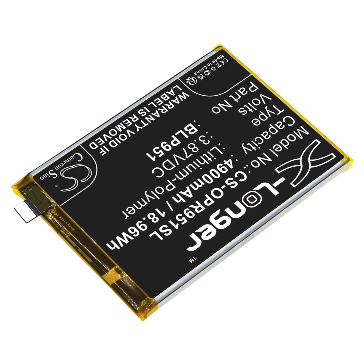 3,87V, Li-Polymère, 4900mAh, Batterie de smartphone compatible avec Oppo, Blp951, Realme 10 Pro+, Rmx3686, 18,96Wh Mobile, Smartphone Cameron Sino Technology Limited (Smartphone)