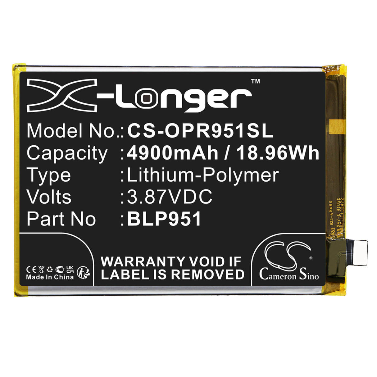 3,87V, Li-Polymère, 4900mAh, Batterie de smartphone compatible avec Oppo, Blp951, Realme 10 Pro+, Rmx3686, 18,96Wh Mobile, Smartphone Cameron Sino Technology Limited (Smartphone)