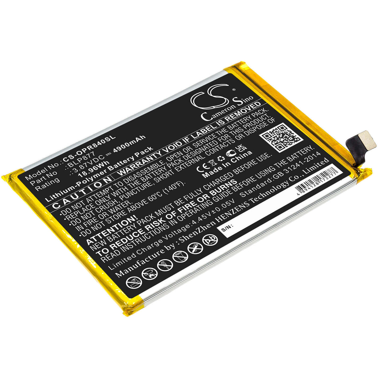 3.87V, Li-Polymer, 4900mAh, SmartPhone battery fits Oppo, Blp877, Realme 8i, 18.96Wh Mobile, SmartPhone Cameron Sino Technology Limited (Smartphone)