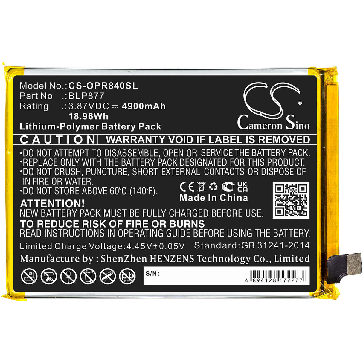 3.87V, Li-Polymer, 4900mAh, SmartPhone battery fits Oppo, Blp877, Realme 8i, 18.96Wh Mobile, SmartPhone Cameron Sino Technology Limited (Smartphone)