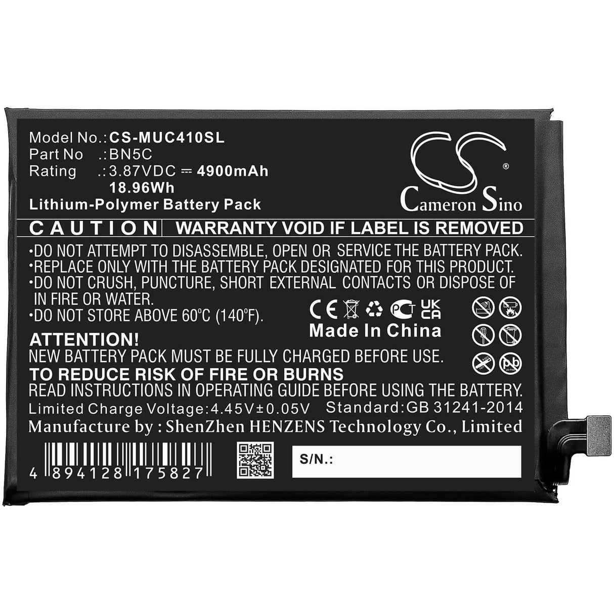 3.87V, Li-Polymer, 4900mAh, SmartPhone battery fits Redmi, Poco, Bn5c, 21091116ag, M4 Pro 5g, 18.96Wh Mobile, SmartPhone Cameron Sino Technology Limited (Smartphone)