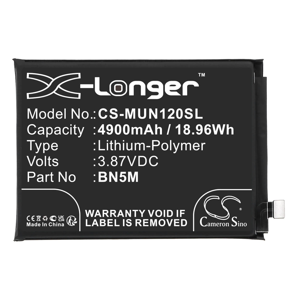3.87V, Li-Polymer, 4900mAh, SmartPhone battery fits Redmi, Bn5m, 23021raa2g, 23021raa2y, 18.96Wh Mobile, SmartPhone Cameron Sino Technology Limited (Smartphone)