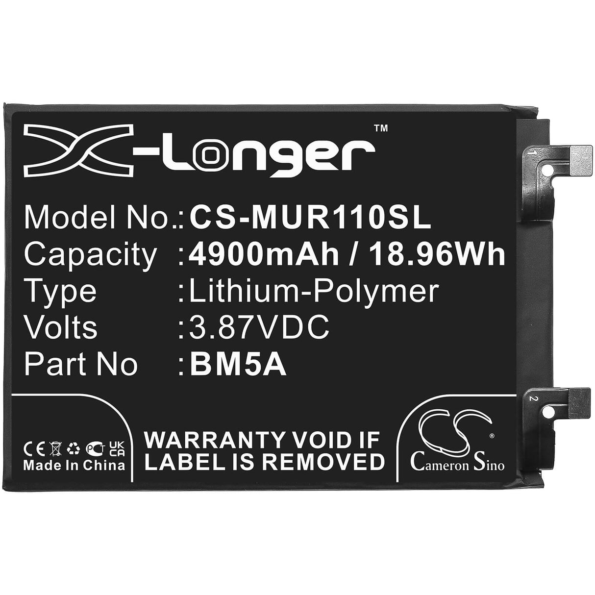 3.87V, Li-Polymer, 4900mAh, SmartPhone battery fits Redmi, Xiaomi, Bm5a, 21091116c, 21091116i, 18.96Wh Mobile, SmartPhone Cameron Sino Technology Limited (Smartphone)