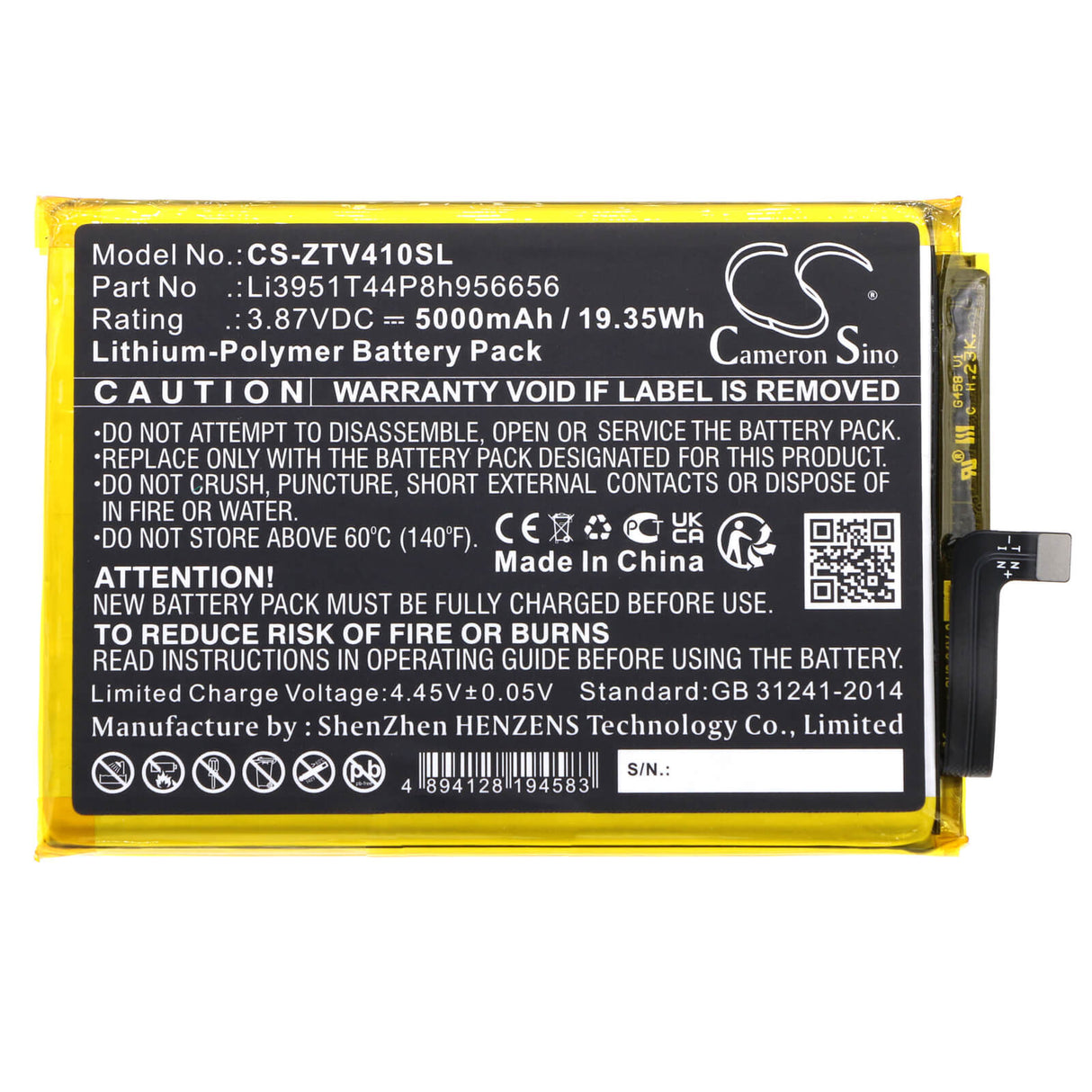 3.87V, Li-Polymer, 5000mAh, SmartPhone battery fits Zte, Li3951t44p8h956656, 8045, Blade V40, 19.35Wh Mobile, SmartPhone Cameron Sino Technology Limited (Smartphone)