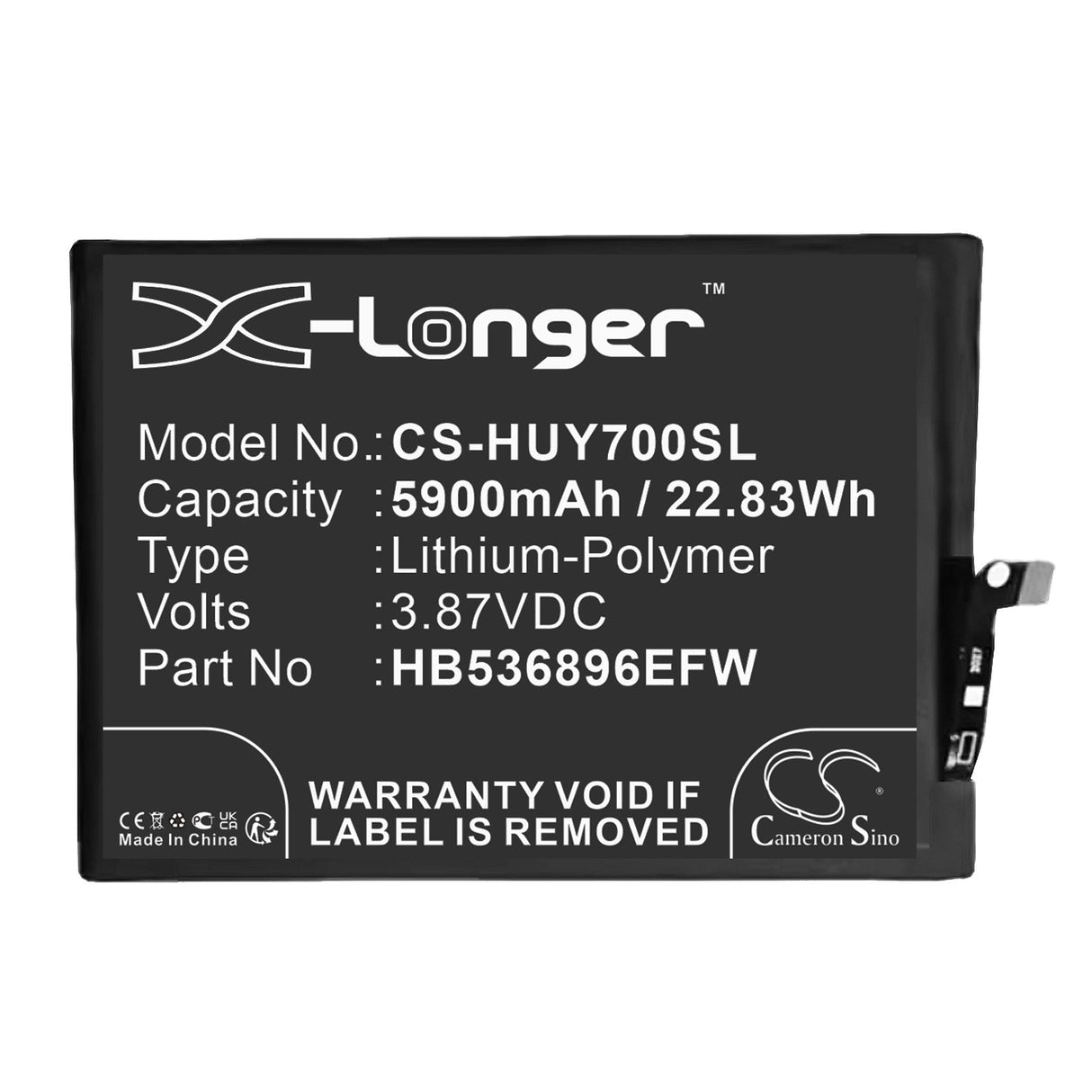 3,87V, Li-Polymer, 5900mAh, batterie de smartphone compatible avec Huawei, Hb536896efw, Mga-al00, Mga-lx3, 22,83Wh Mobile, SmartPhone Cameron Sino Technology Limited (Smartphone)