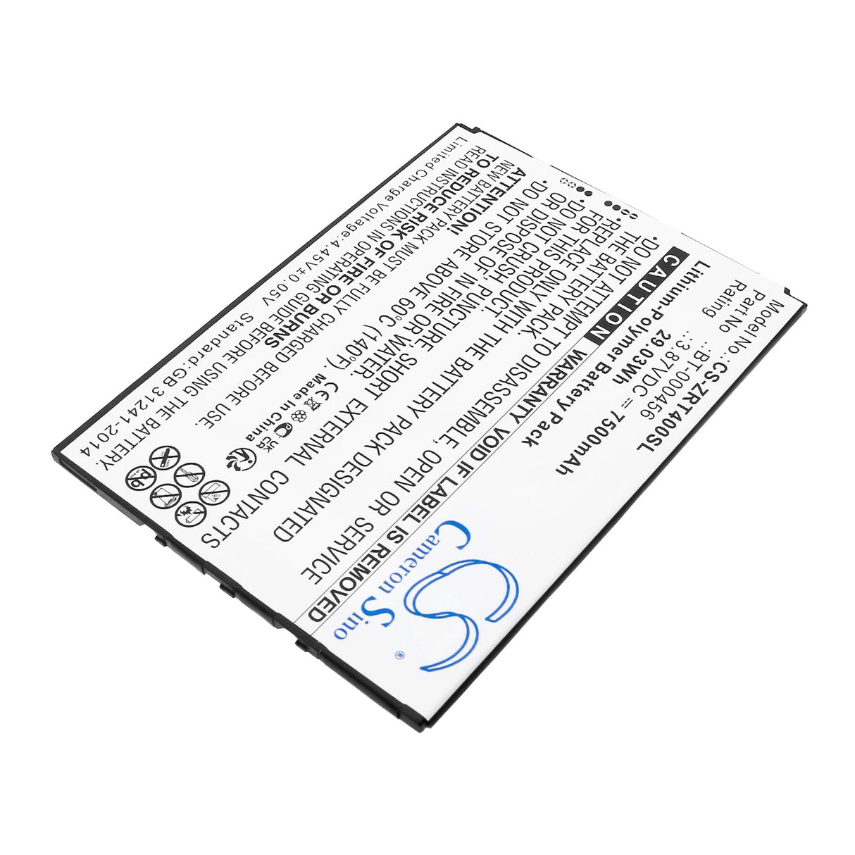 3.87V, Li-Polymer, 7500mAh, Tablet battery fits Zebra, Et40, Zt45, 29.03Wh Tablet Cameron Sino Technology Limited