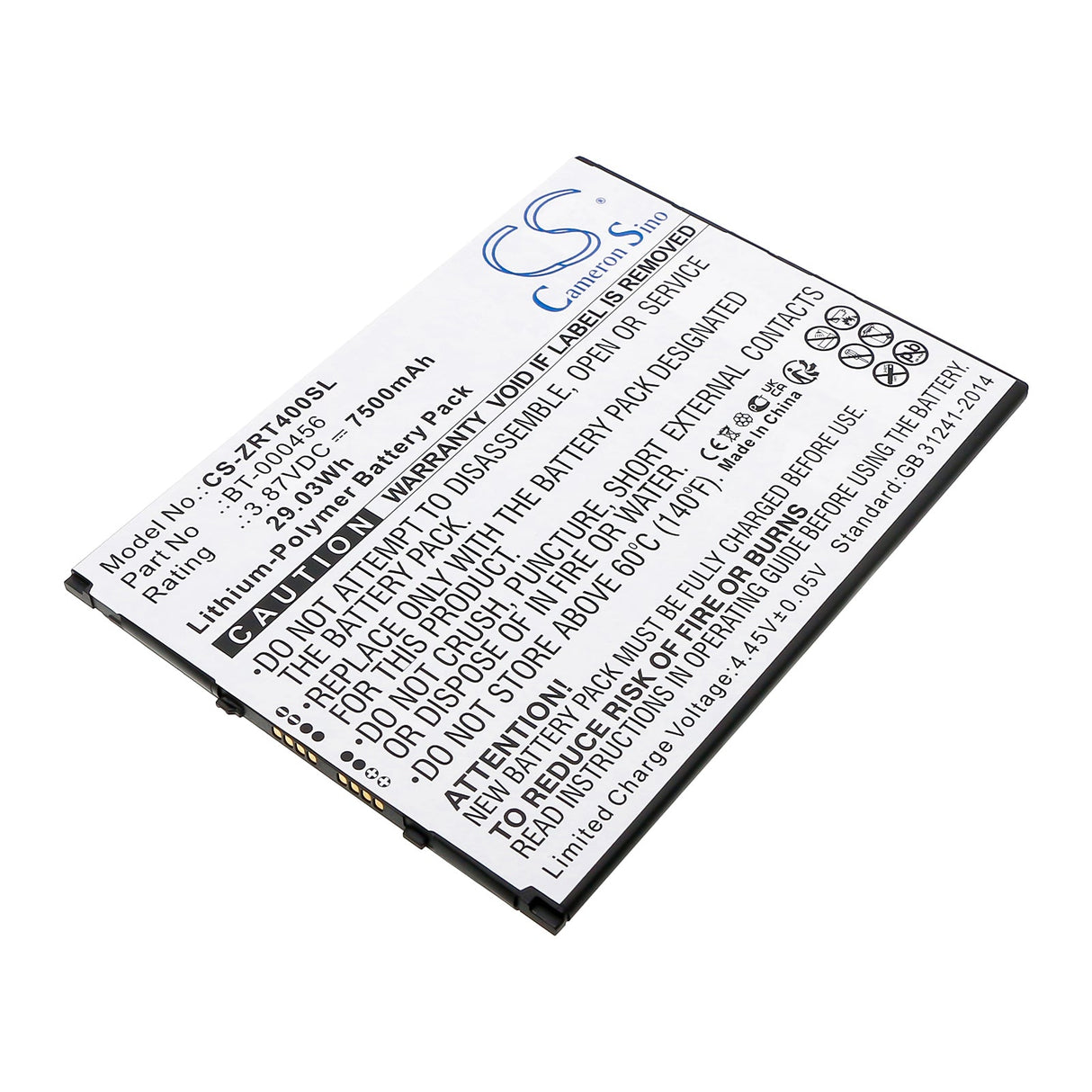 3.87V, Li-Polymer, 7500mAh, Tablet battery fits Zebra, Et40, Zt45, 29.03Wh Tablet Cameron Sino Technology Limited