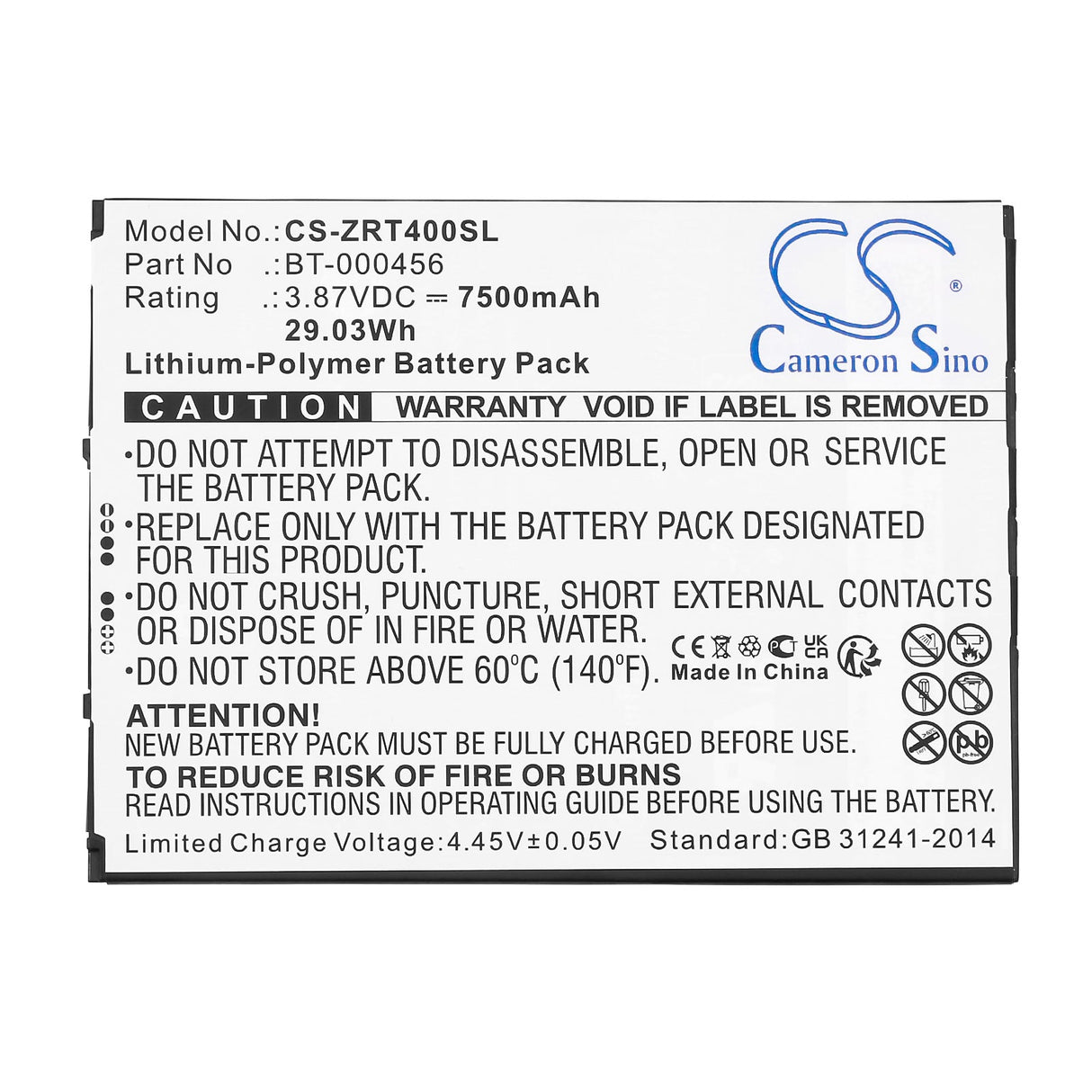 3.87V, Li-Polymer, 7500mAh, Tablet battery fits Zebra, Et40, Zt45, 29.03Wh Tablet Cameron Sino Technology Limited