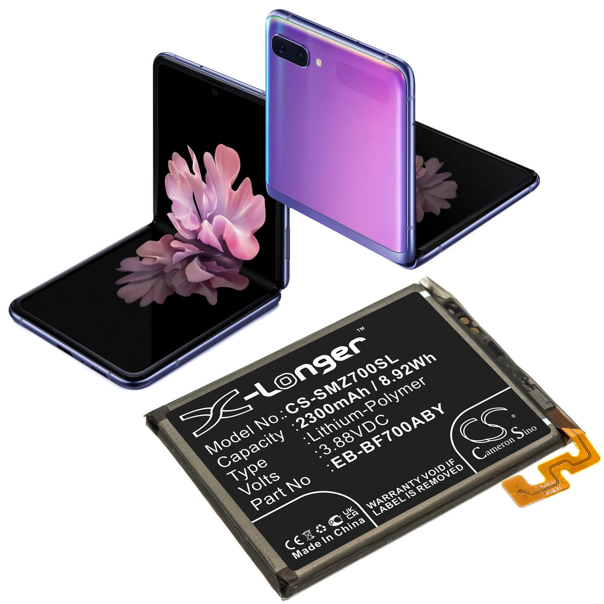 3.88V, Li-Polymer, 2300mAh, SmartPhone battery fits Samsung, Eb-bf700aby, Galaxy Z Flip, Sm-f7000, 8.92Wh Mobile, SmartPhone Cameron Sino Technology Limited (Smartphone)