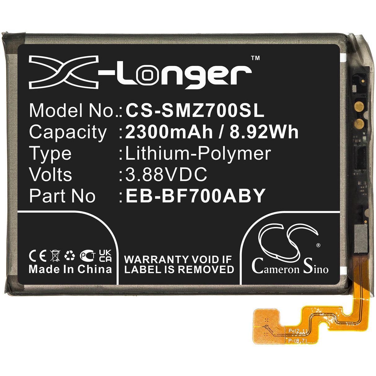 3.88V, Li-Polymer, 2300mAh, SmartPhone battery fits Samsung, Eb-bf700aby, Galaxy Z Flip, Sm-f7000, 8.92Wh Mobile, SmartPhone Cameron Sino Technology Limited (Smartphone)