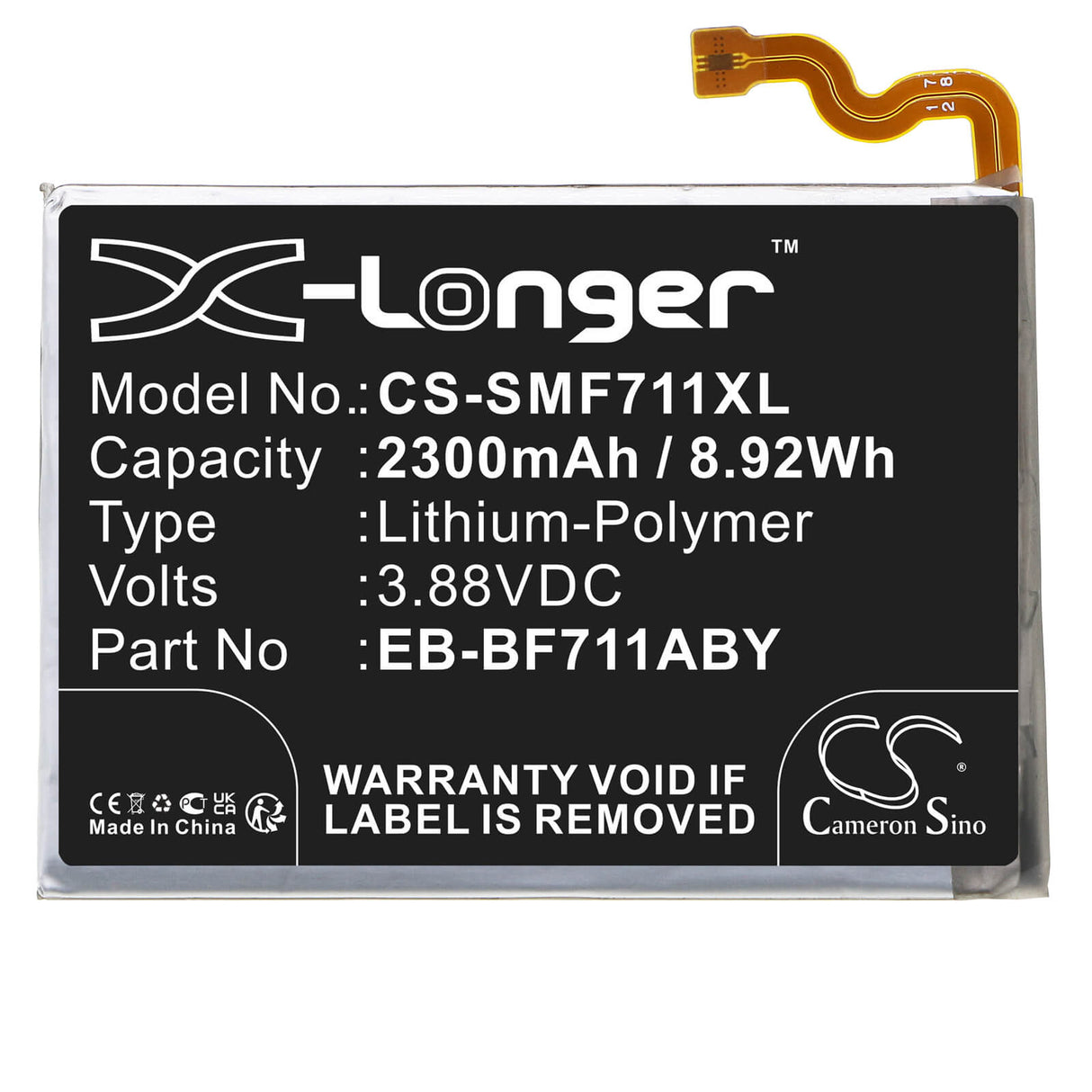 3.88V, Li-Polymer, 2300mAh, SmartPhone battery fits Samsung, Eb-bf711aby, Galaxy Z Flip 3, M-f711r4, 8.92Wh Mobile, SmartPhone Cameron Sino Technology Limited (Smartphone)