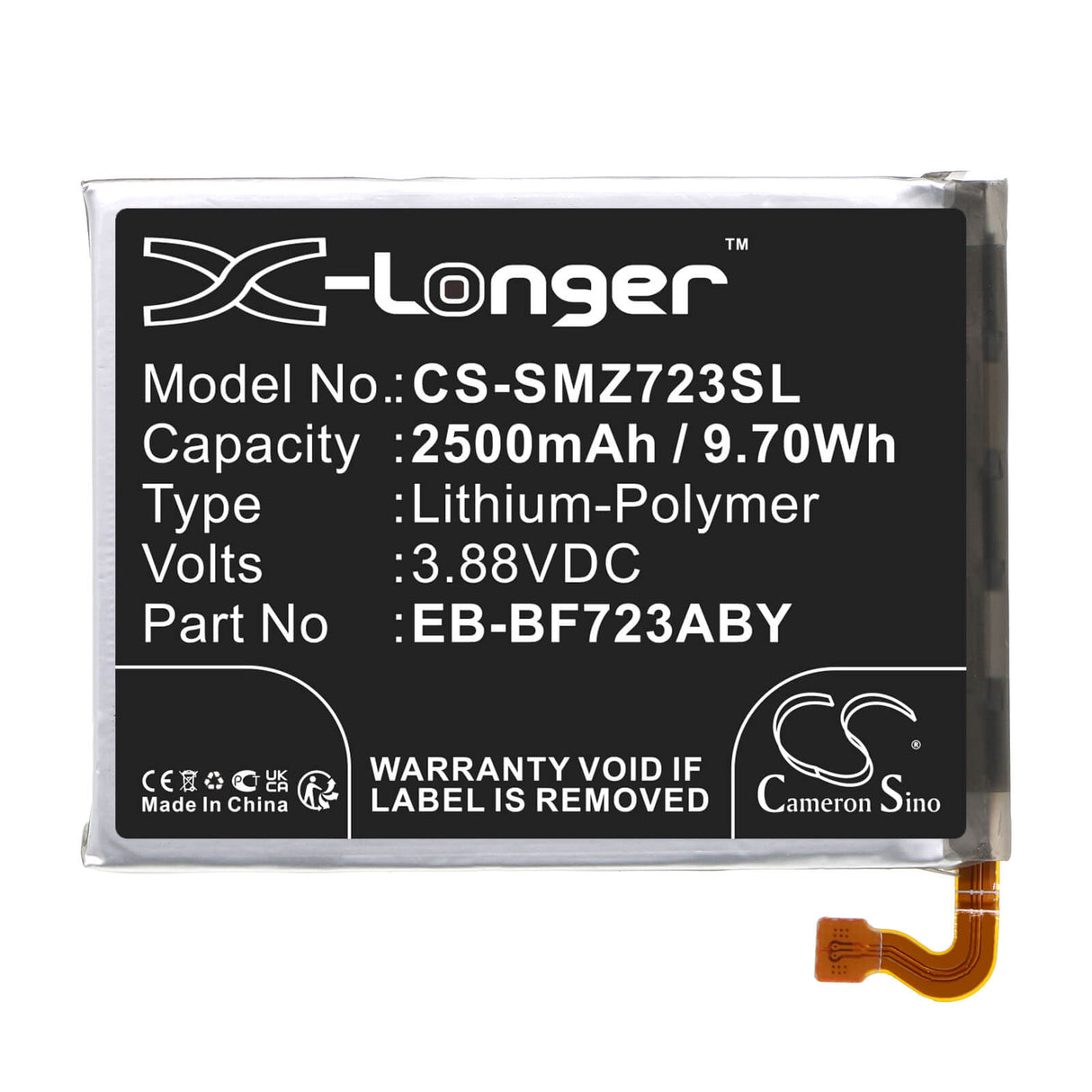 3.88V, Li-Polymer, 2500mAh, SmartPhone battery fits Samsung, Eb-bf723aby, Galaxy Z Flip 4, Galaxy Z Flip 4 5g Uw, 9.7Wh Mobile, SmartPhone Cameron Sino Technology Limited (Smartphone)