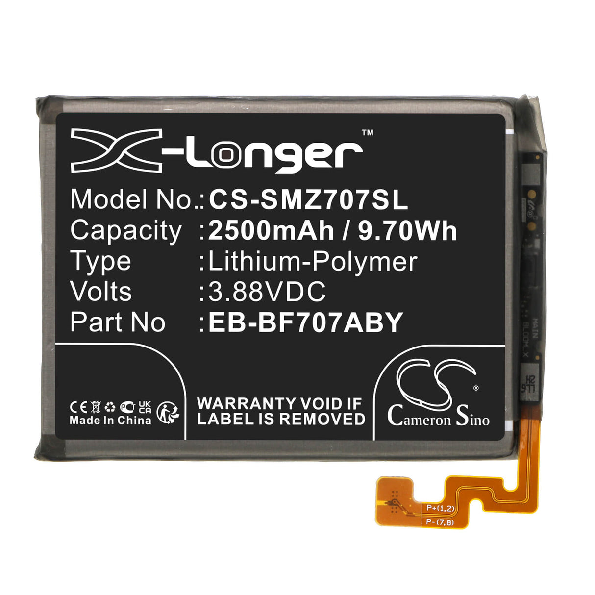 3,88V, Li-Polymer, 2500mAh, batterie de smartphone compatible avec Samsung, Eb-bf707aby, Galaxy Z Flip 5g, Galaxy Z Flip F707u, 9,7Wh Mobile, Smartphone Cameron Sino Technology Limited (Smartphone)
