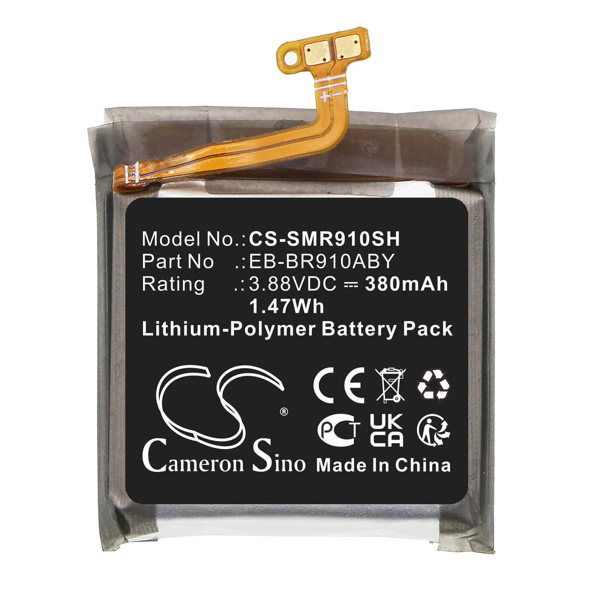 3.88V, Li-Polymer, 380mAh, Smartwatch battery fits Samsung, Eb-br910aby, Sm-r910, Sm-r915, 1.47Wh Smartwatch Cameron Sino Technology Limited
