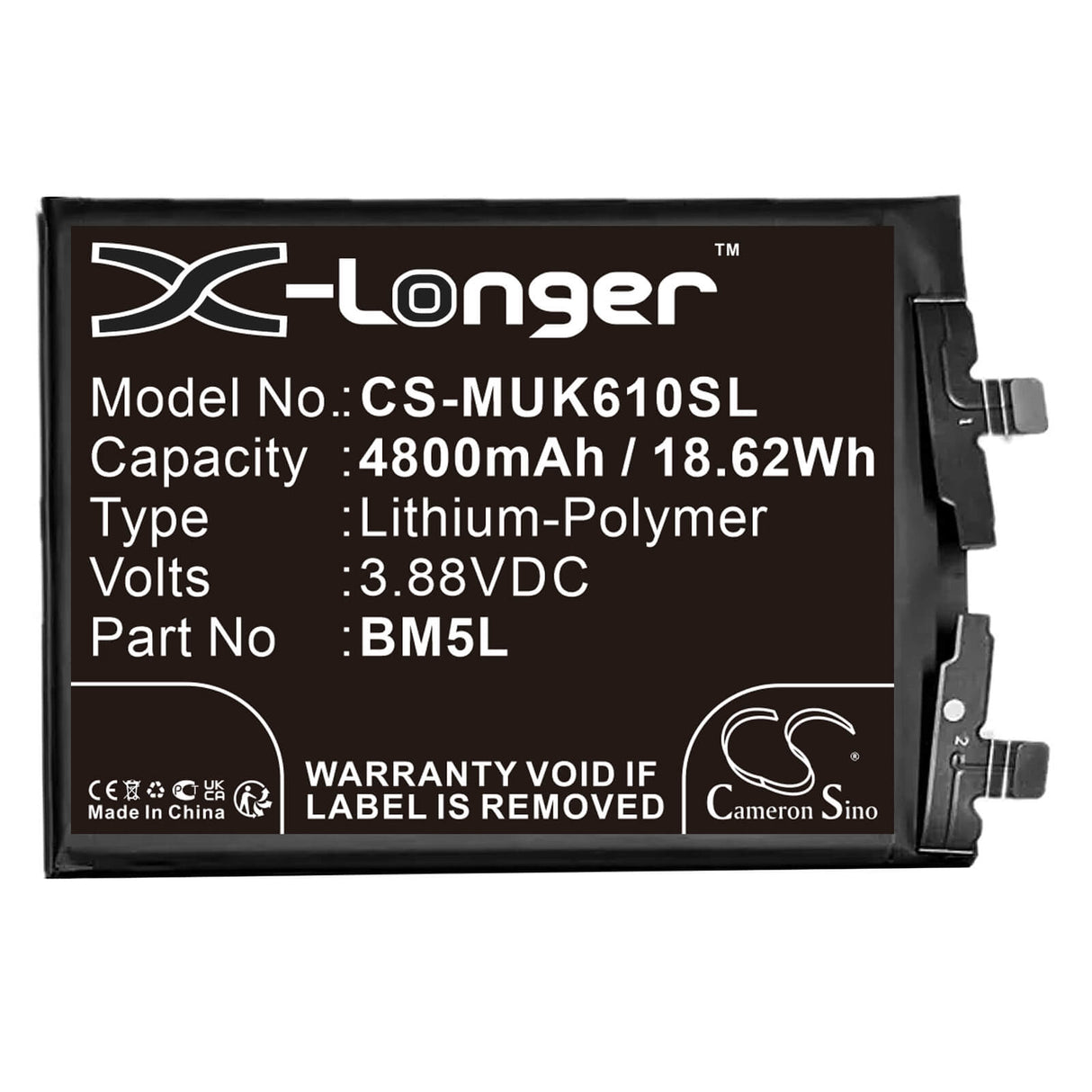 3.88V, Li-Polymer, 4800mAh, SmartPhone battery fits Redmi, Bm5l, 22127rk46c, K60 Pro, 18.62Wh Mobile, SmartPhone Cameron Sino Technology Limited (Smartphone)