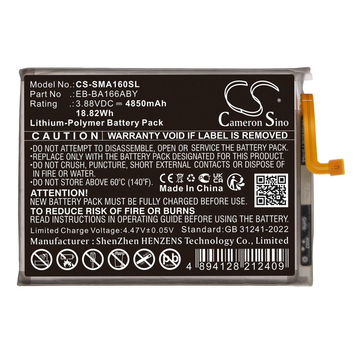 3.88V, Li-Polymer, 4850mAh, Mobile, SmartPhone battery fits Samsung, Galaxy A16 5g, Sm-a166b, 18.82Wh Mobile, SmartPhone Cameron Sino Technology Limited (Smartphone)