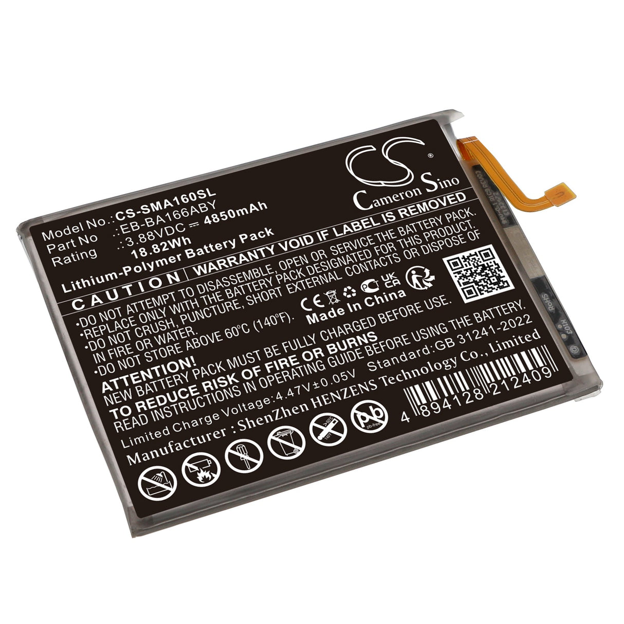 3.88V, Li-Polymer, 4850mAh, Mobile, SmartPhone battery fits Samsung, Galaxy A16 5g, Sm-a166b, 18.82Wh Mobile, SmartPhone Cameron Sino Technology Limited (Smartphone)